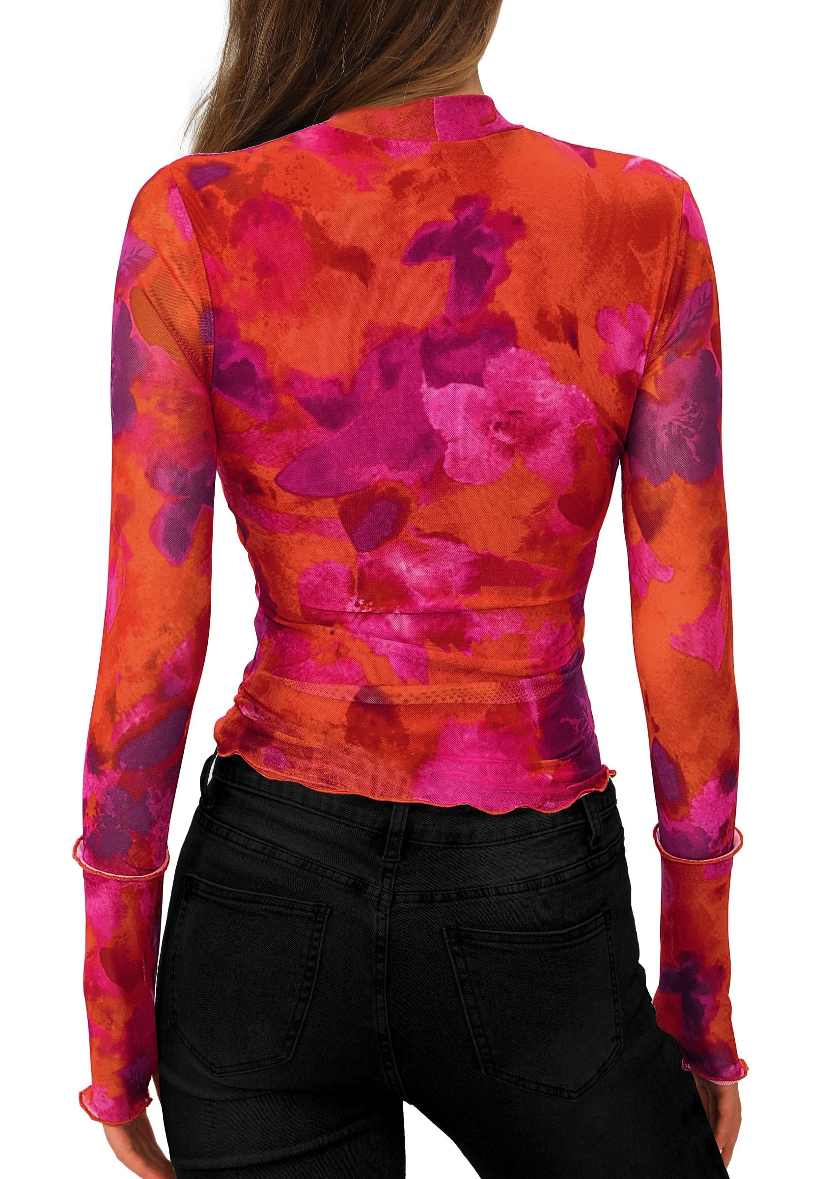 PRETTYGARDEN Womens Fall Mesh Floral Blouses Long Sleeve Going Out Tops Slim Fitted Shirts Date Night Outfits