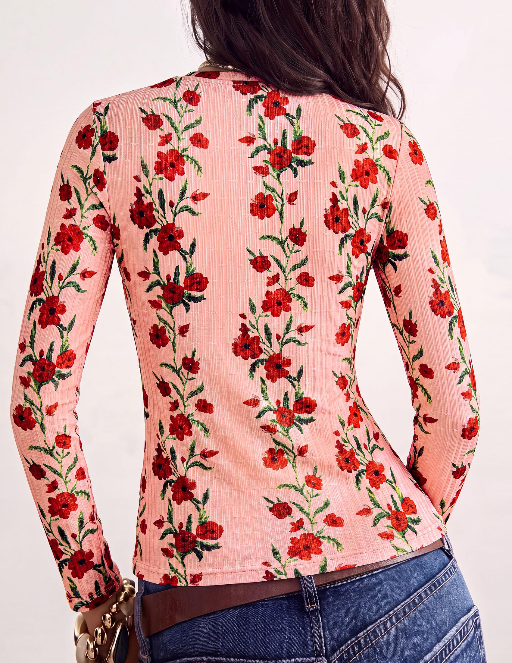 PRETTYGARDEN Womens Long Sleeve Shirts Floral Y2K Tops Soft Lightweight Ribbed Knit Top,Fitted Waist,Crew Neck Slim Fit,Going Out Vacation Outfits,Layering Fall Winter Clothes