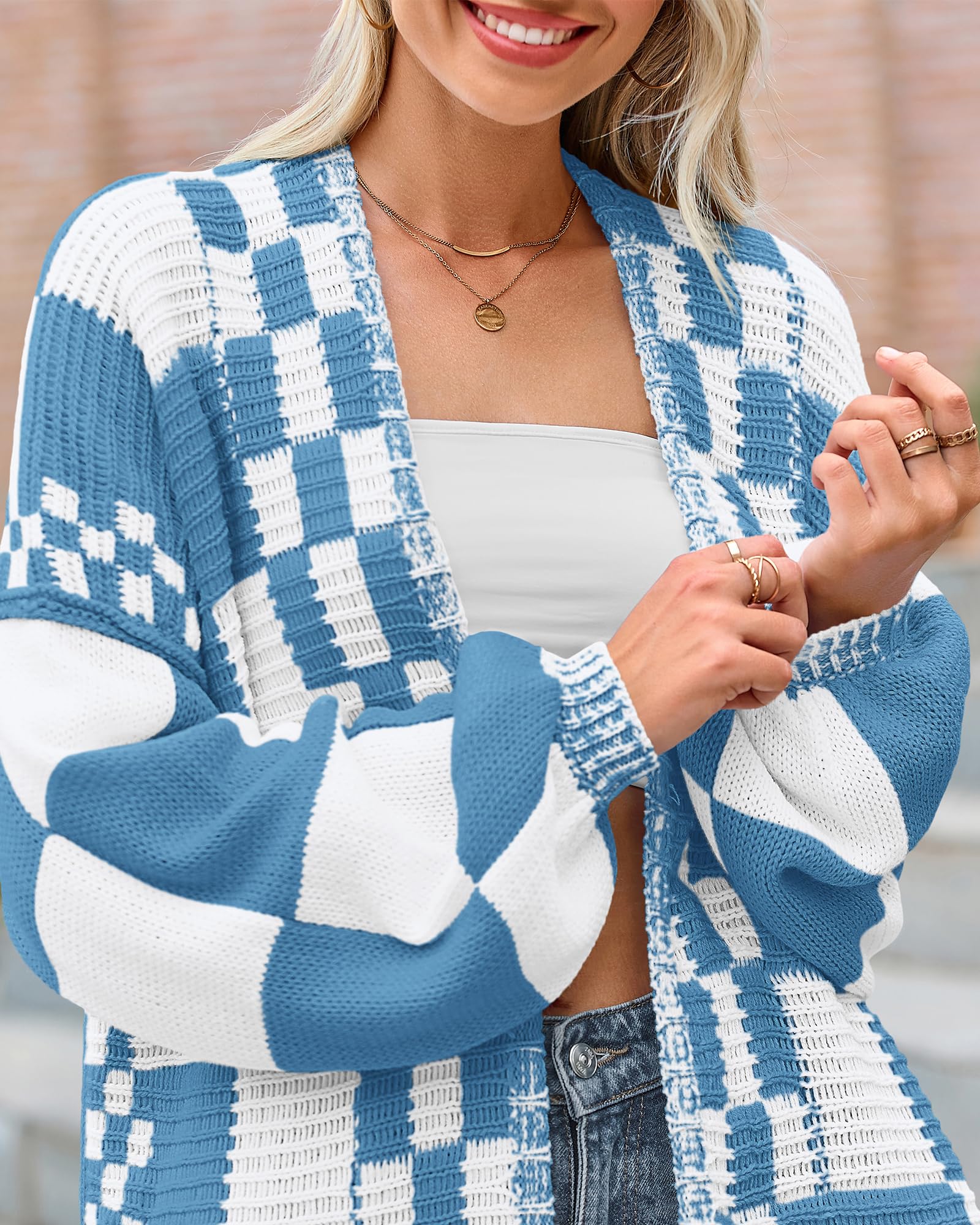 FreshPretty Casual Cardigan Sweater for Women Fall Long Sleeve Open Front Chunky Knit Sweaters Checkered Outwear Coat