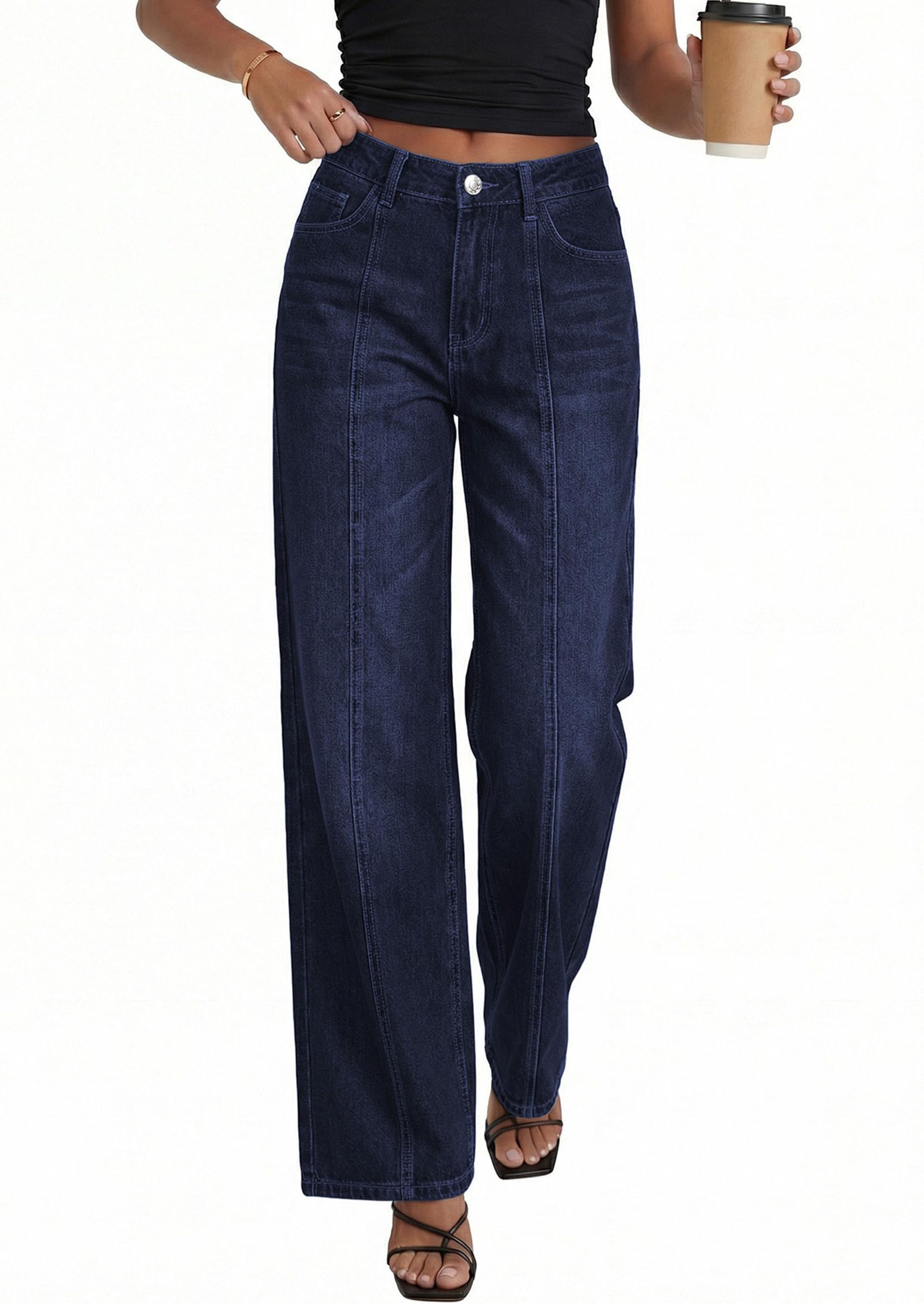 PRETTYGARDEN Women's Wide Leg Jeans High Waisted Stretchy Baggy Seamed Front Denim Palazzo Pants Summer Fashion Clothes