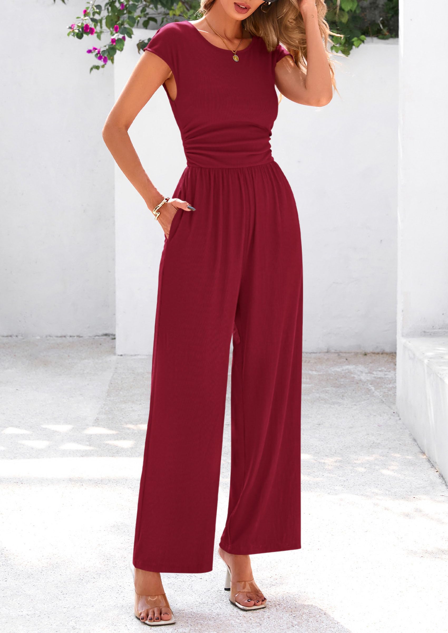 PRETTYGARDEN Summer Jumpsuits for Women Dressy Ribbed Cap Sleeve Wide Leg Pants Rompers Elegant Casual One Piece Outfits