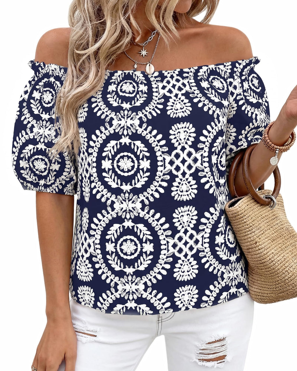 BTFBM Off The Shoulder Spring Tops for Women Summer Blouses Boho Floral Short Sleeve Shirts Dressy Casual Outfits