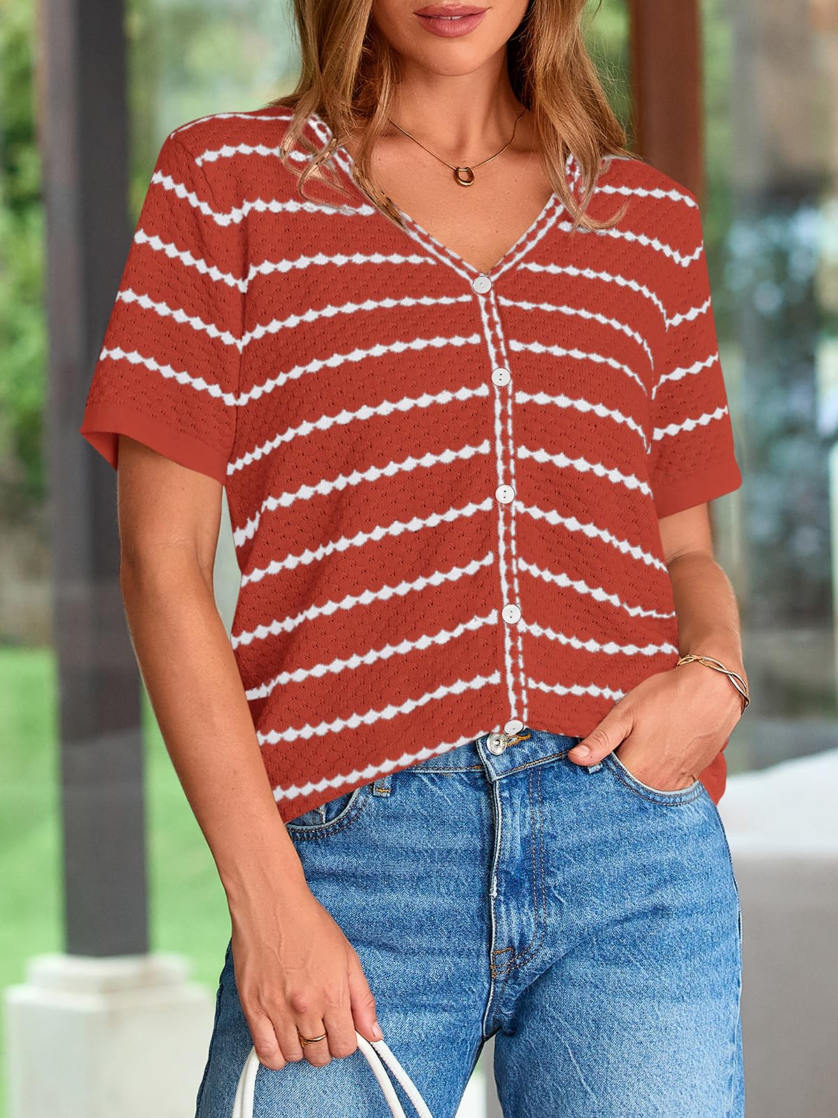 FreshPretty Women's Short Sleeve Sweater Spring Summer Crochet Knit Tops V Neck Striped Button Down Dressy Casual Blouses