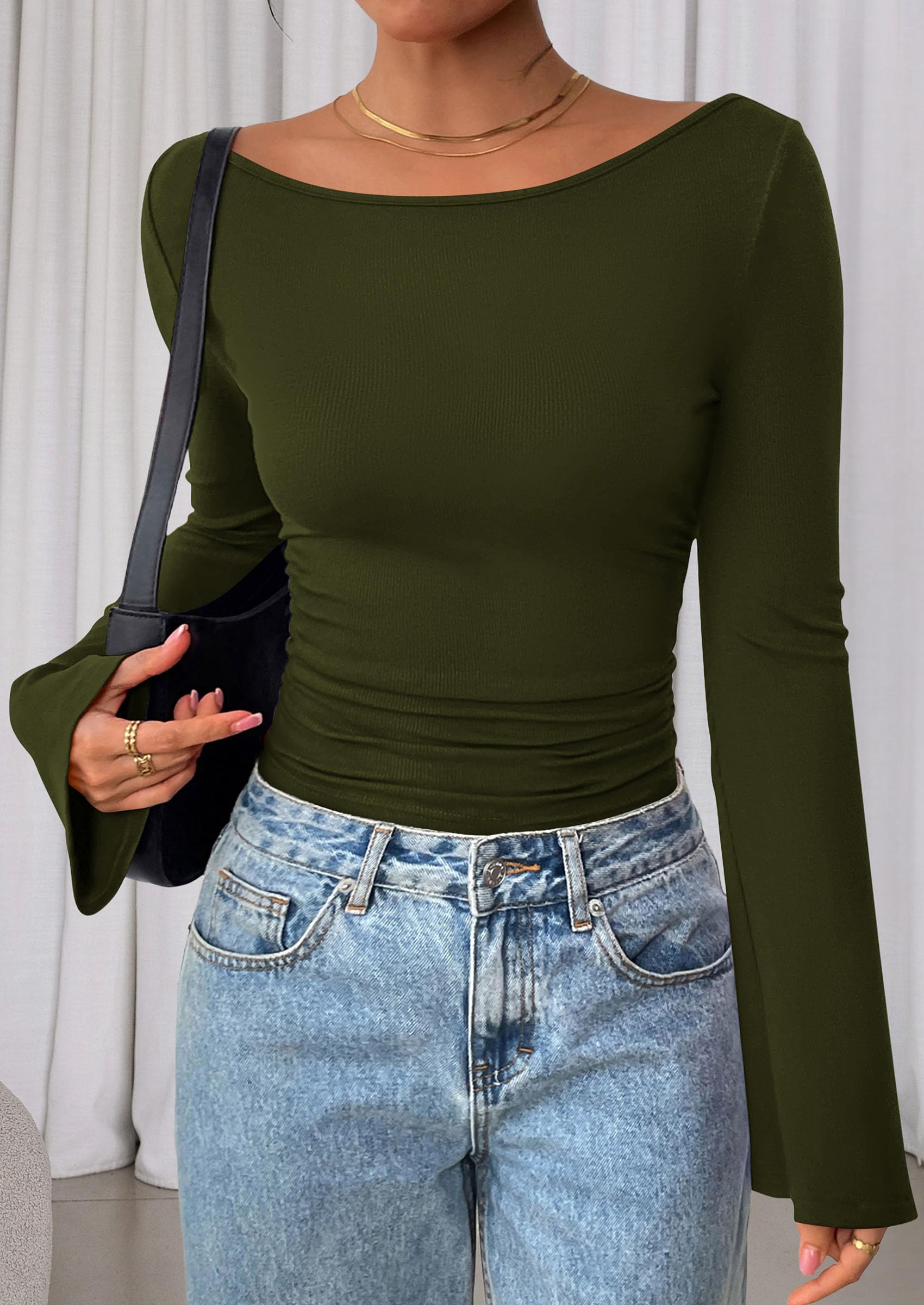 PRETTYGARDEN Women's Long Sleeve Shirts Fall Crop Going Out Tops Casual Boat Neck Bell Sleeve Ribbed Ruched Y2K Clothes