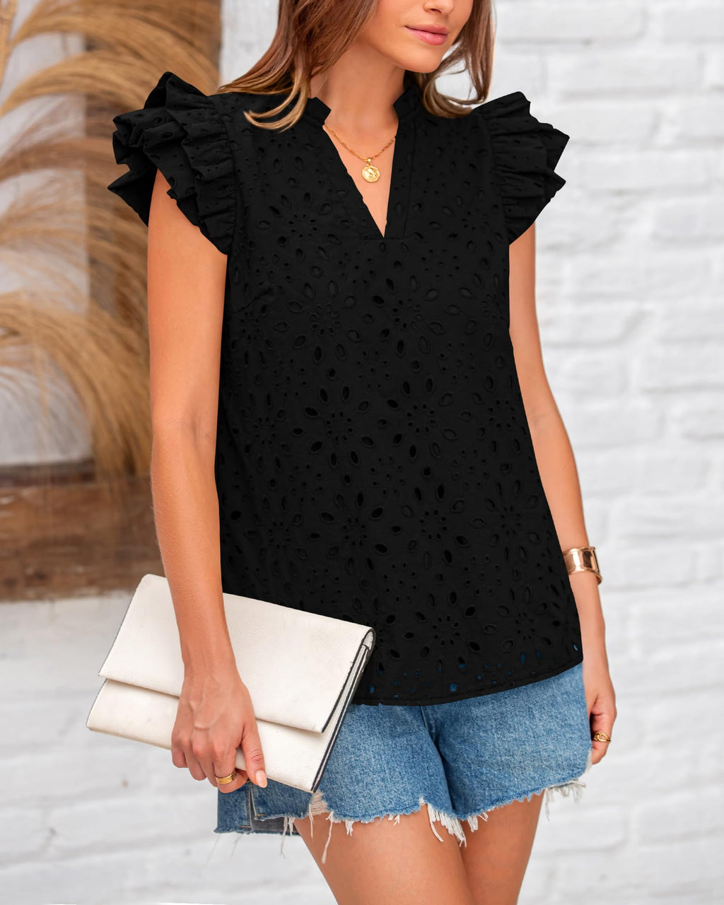 FreshPretty Women Summer Eyelet Tops Dressy Casual V Neck Ruffle Cap Sleeve Cotton Boho Shirts Lace Embroidered Blouses