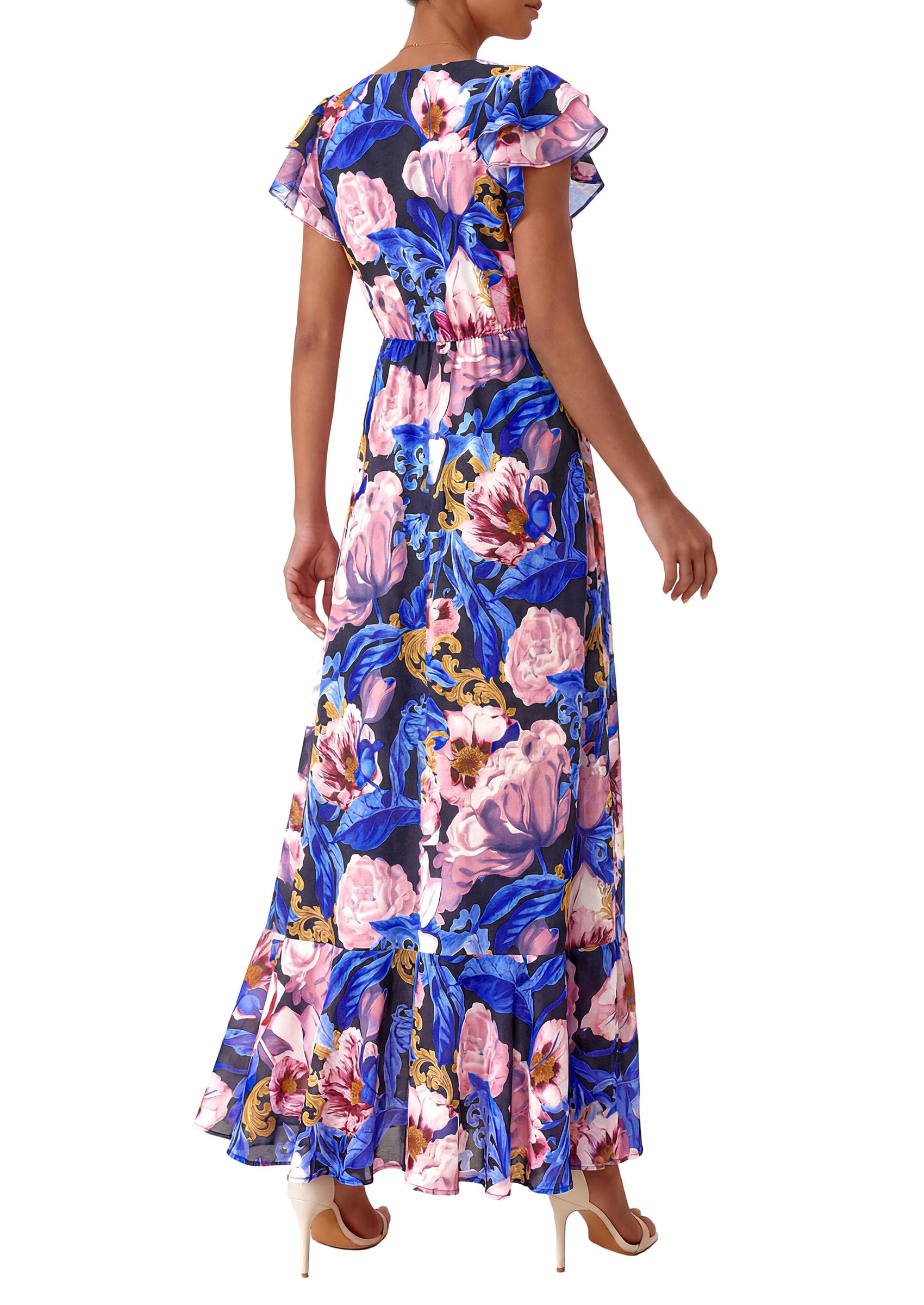 PRETTYGARDEN Womens Summer Floral Maxi Dresses Spring Short Sleeve Ruffle V Neck Flowy Boho Long Beach Vacation Sundress