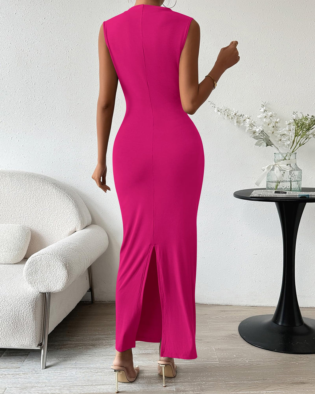 BTFBM Women's Ruched Bodycon Dress Summer Casual Sleeveless Lightweight Back Slit Elegant Club Party Cocktail Maxi Dresses