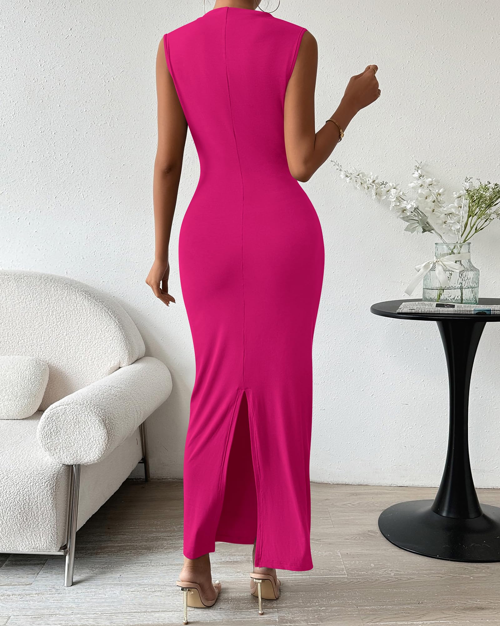 BTFBM Women's Ruched Bodycon Dress Summer Casual Sleeveless Lightweight Back Slit Elegant Club Party Cocktail Maxi Dresses
