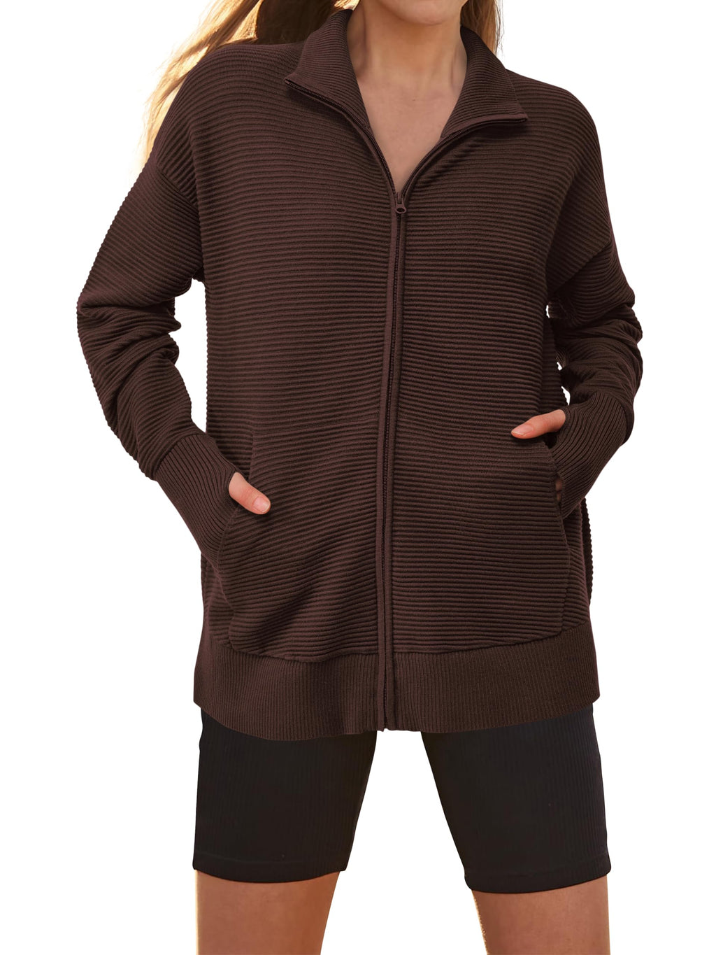 PRETTYGARDEN Womens Fall Long Sleeve Zip Up Cardigan Sweaters Casual Loose Collared Ribbed Knit Tops Jackets Thumb Hole