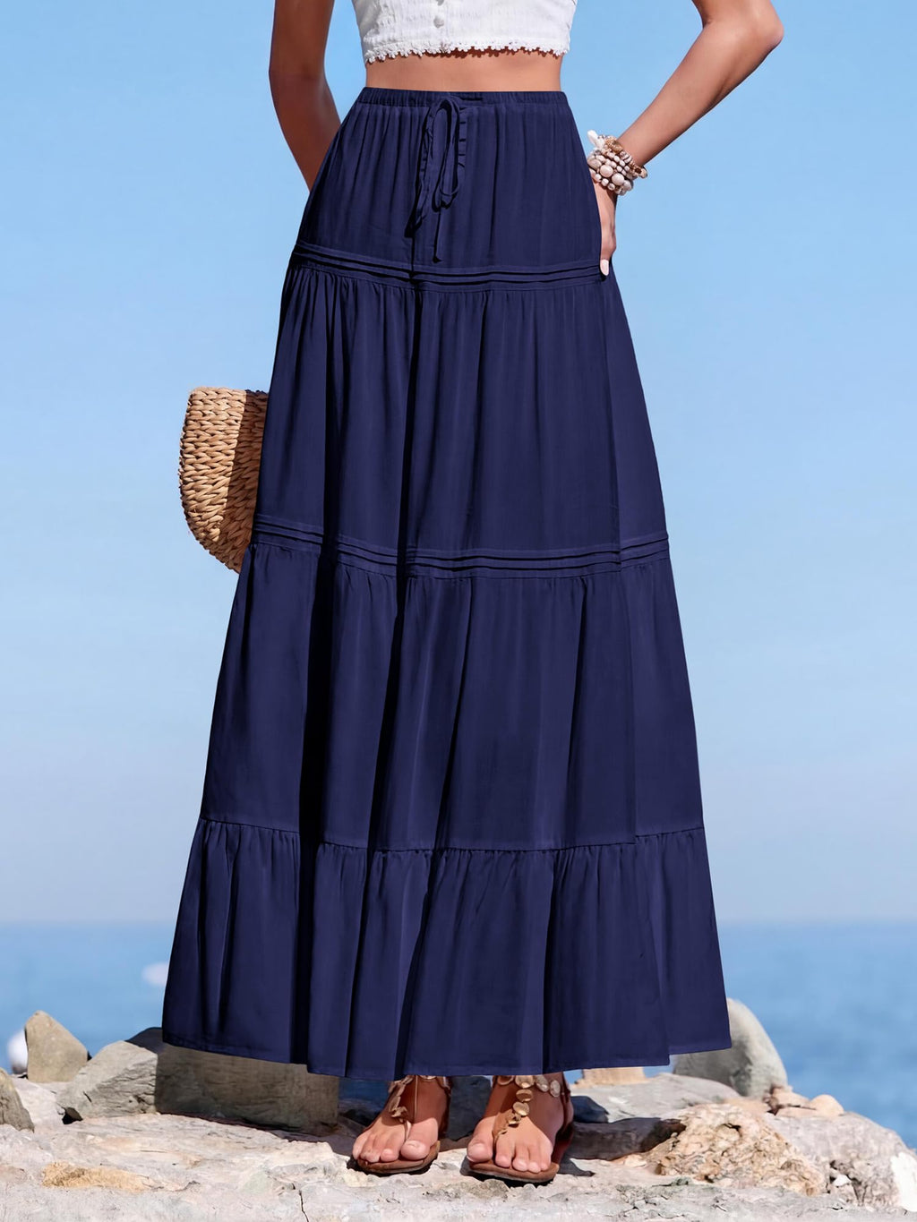BTFBM Spring Skirts for Women Summer Boho Beach Vacation Clothes Casual Pleated High Waisted Flowy Maxi Skirt