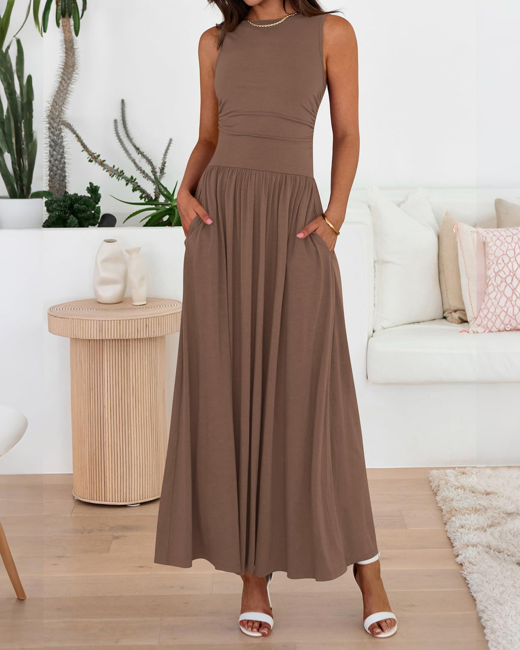 BTFBM Summer Maxi Dresses for Women Spring Sleeveless Casual Ruched High Waisted Long Sundress Flowy Beach Dress