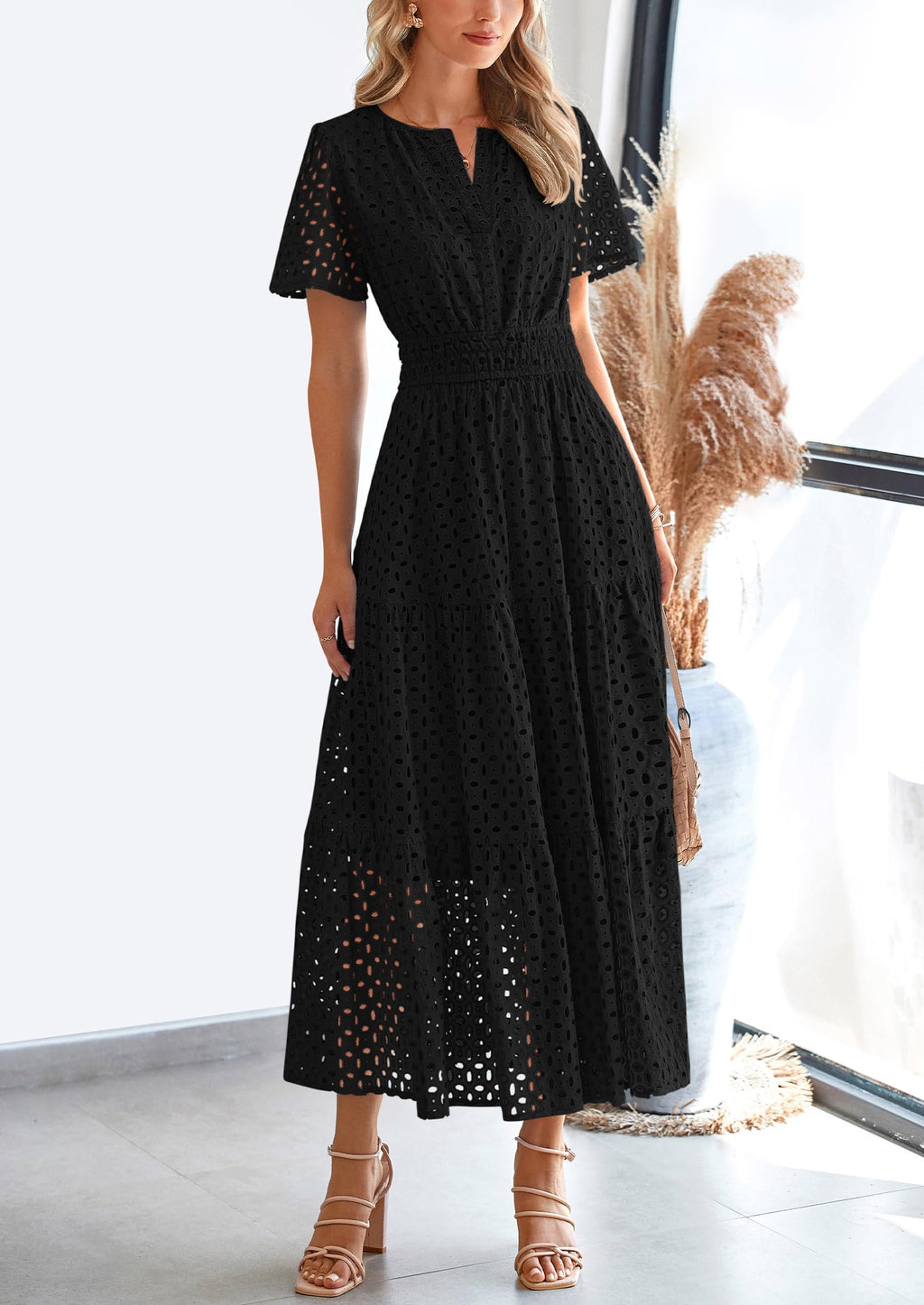PRETTYGARDEN Womens Summer Maxi Dress Short Sleeve V Neck Hollow Out Eyelet A Line Long Flowy Beach Vacation Dresses