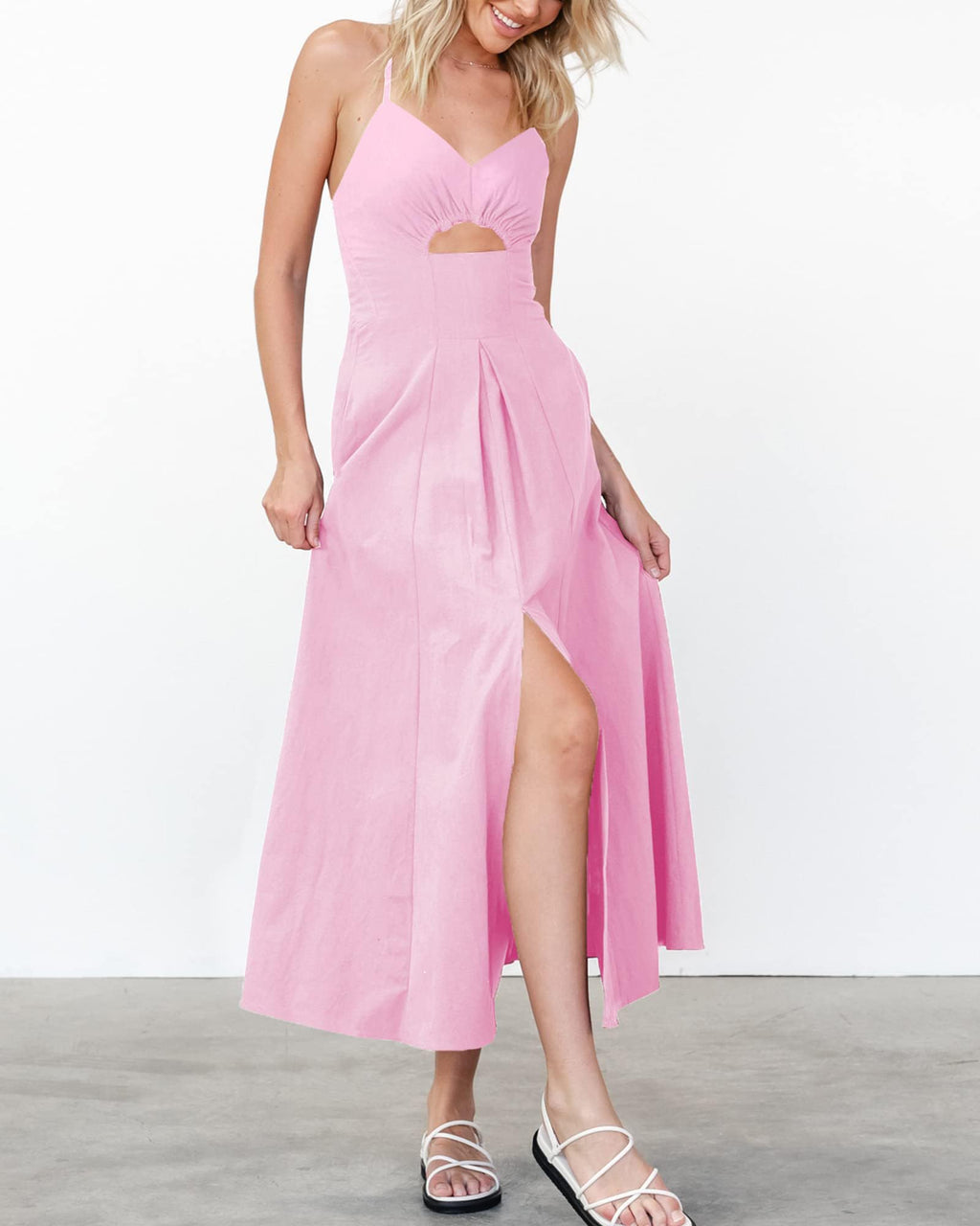 BTFBM Women Spaghetti Strap Midi Summer Dresses Sleeveless V Neck Cutout Slit Casual Beach Party Maxi Dress Pockets