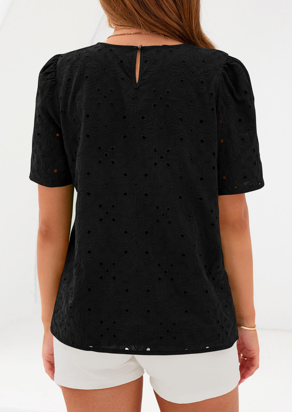 PRETTYGARDEN Women's Puff Short Sleeve Eyelet Shirts Summer Lace Blouses Dressy Casual Work Tops Spring Teacher Clothes