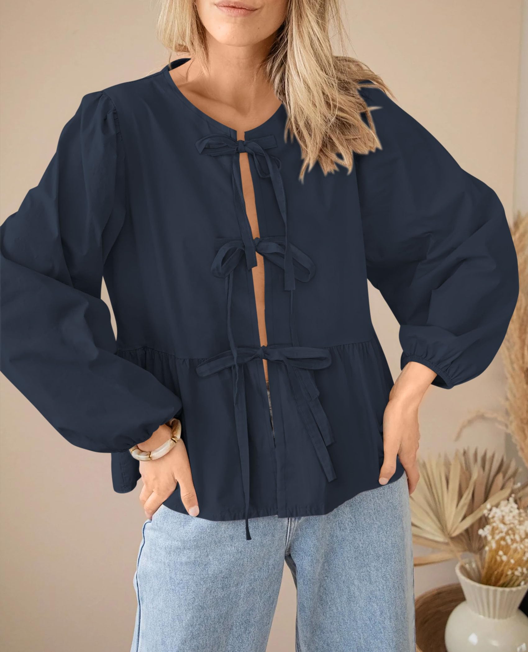 PRETTYGARDEN Women's Spring Fall Babydoll Peplum Blouse Shirt Puff Long Sleeve Bow Tie Front Trendy Cute Y2K Going Out Tops