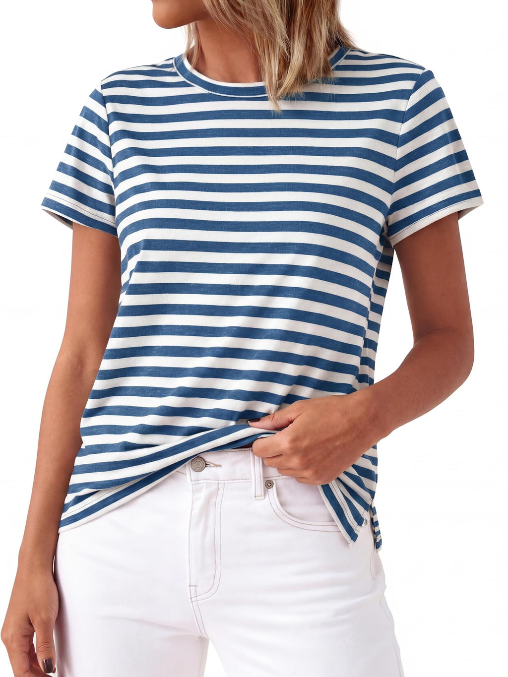 BTFBM Tops for Women Trendy Summer Crew Neck Short Sleeve T Shirts Striped Casual Vacation Blouse Basic Tee