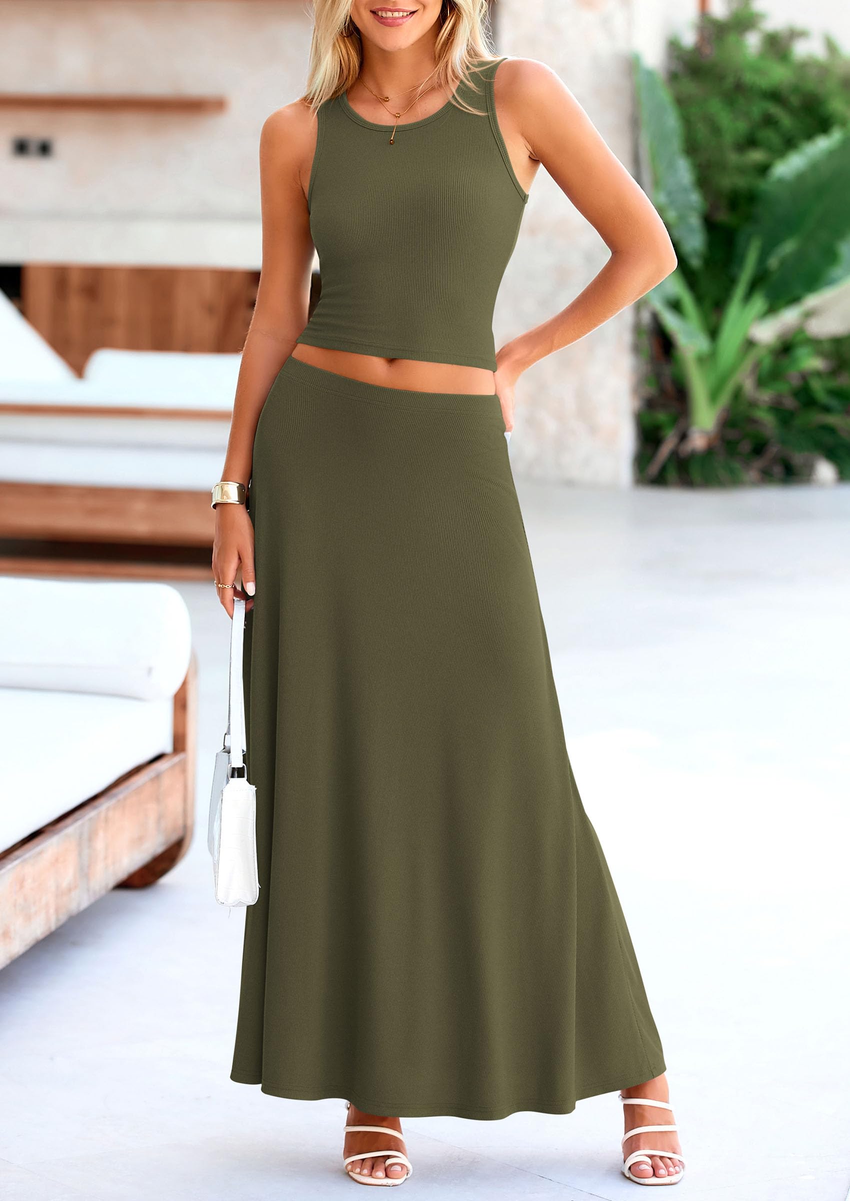 PRETTYGARDEN Women's 2 Piece Maxi Skirt Sets Casual Summer Knit Cropped Tank Top High Waisted Long Skirts Outfit