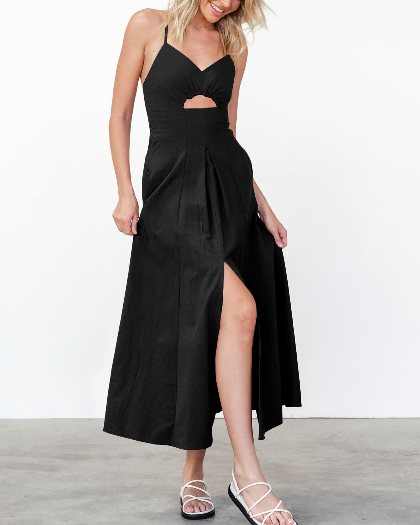 FreshPretty Women Summer Spaghetti Strap Midi Dress Sleeveless V Neck Cutout Slit Casual Beach Party Maxi Dresses Pockets