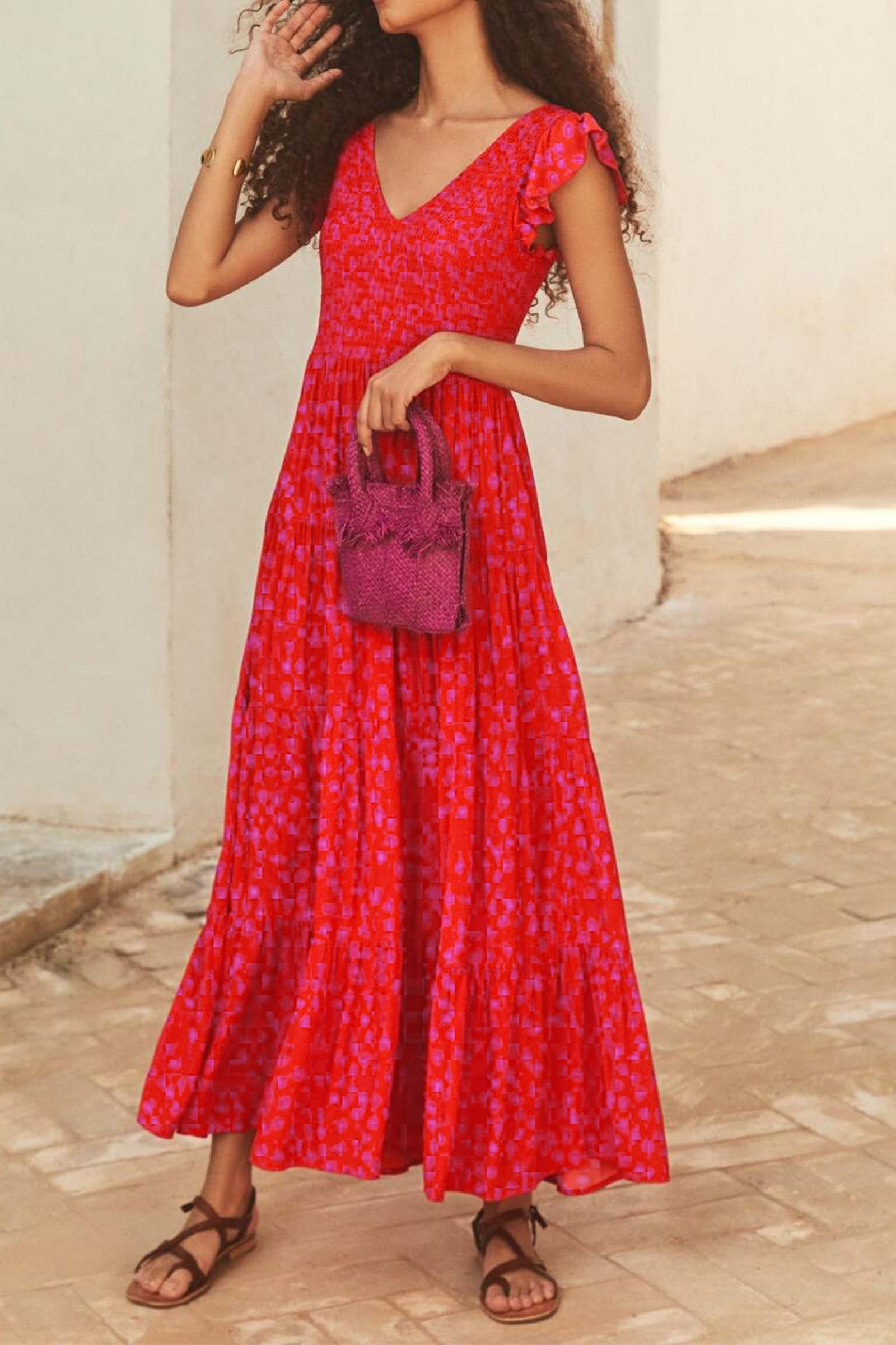 Visit the PRETTYGARDEN Store PRETTYGARDEN Women's Summer Floral Midi Dress Cap Sleeve V Neck Ruffle Long Flowy Boho Casual Beach Vacation Dresses