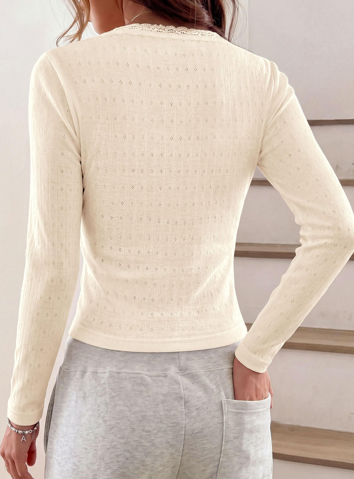 PRETTYGARDEN Womens Long Sleeve Henley Shirts Going Out Tops Lace Trim Square Neck, Slim Fitted Basic Tees, Soft Comfy Jacquard Fabric, Casual Wear, Fall Outfits, Y2K Fashion Clothing