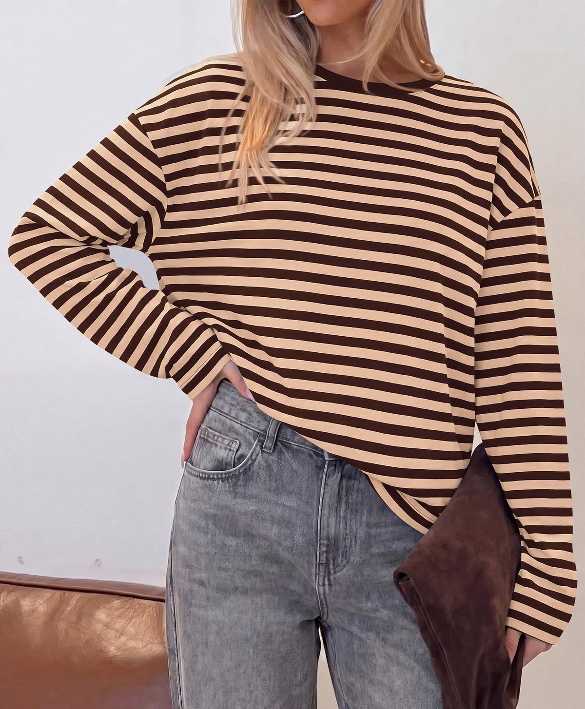 BTFBM Womens Long Sleeve Tops Fall Fashion | Lightweight, Crew Neck, Oversized Striped Shirt Women, Y2k Clothes, Vacation Travel Outfits, Going Out Top, Winter Layering