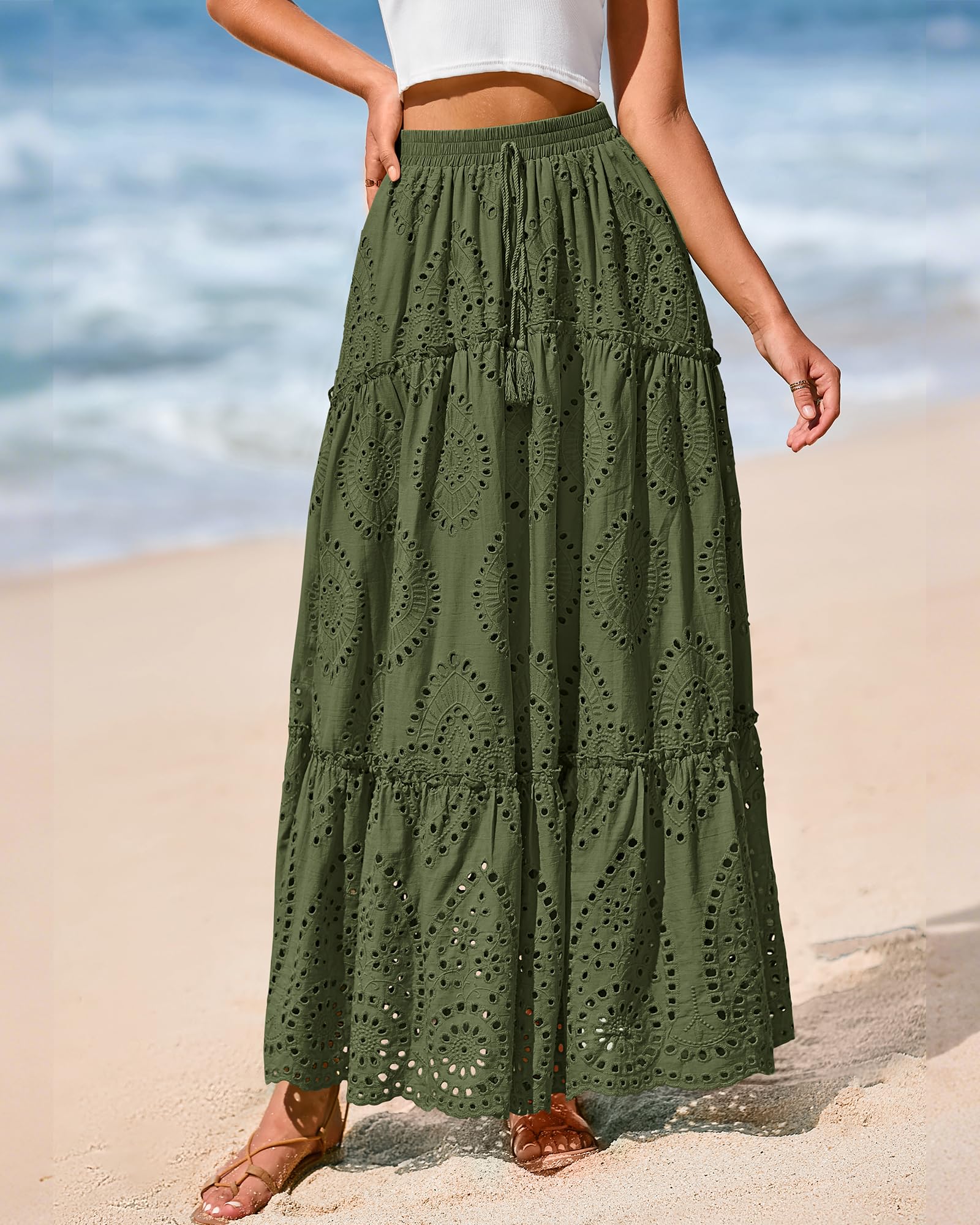 BTFBM Long Skirts for Women Summer Boho Lace Embroidery High Waist Flowy Tiered Spring Maxi Skirt Beach Vacation