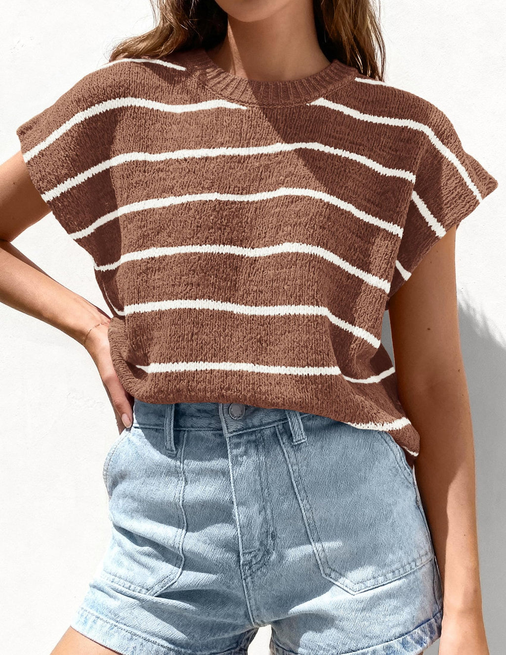 PRETTYGARDEN Womens Summer Short Sleeve Tops Trendy Crew Neck Striped Knit Sweater Business Casual Spring Clothes