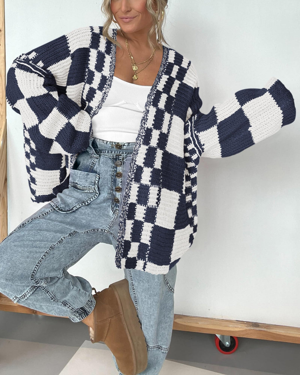 FreshPretty Casual Cardigan Sweater for Women Fall Long Sleeve Open Front Chunky Knit Sweaters Checkered Outwear Coat