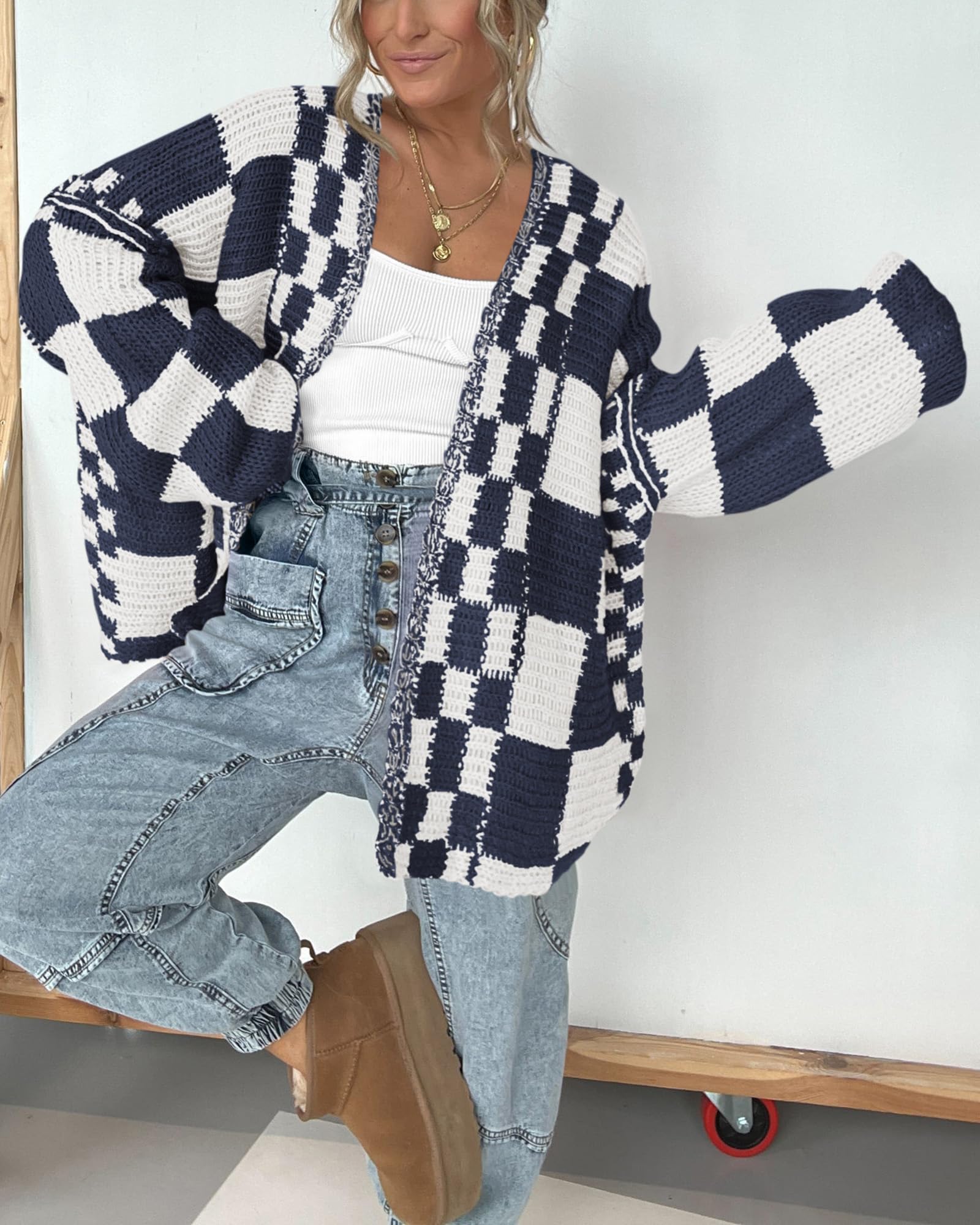 FreshPretty Casual Cardigan Sweater for Women Fall Long Sleeve Open Front Chunky Knit Sweaters Checkered Outwear Coat