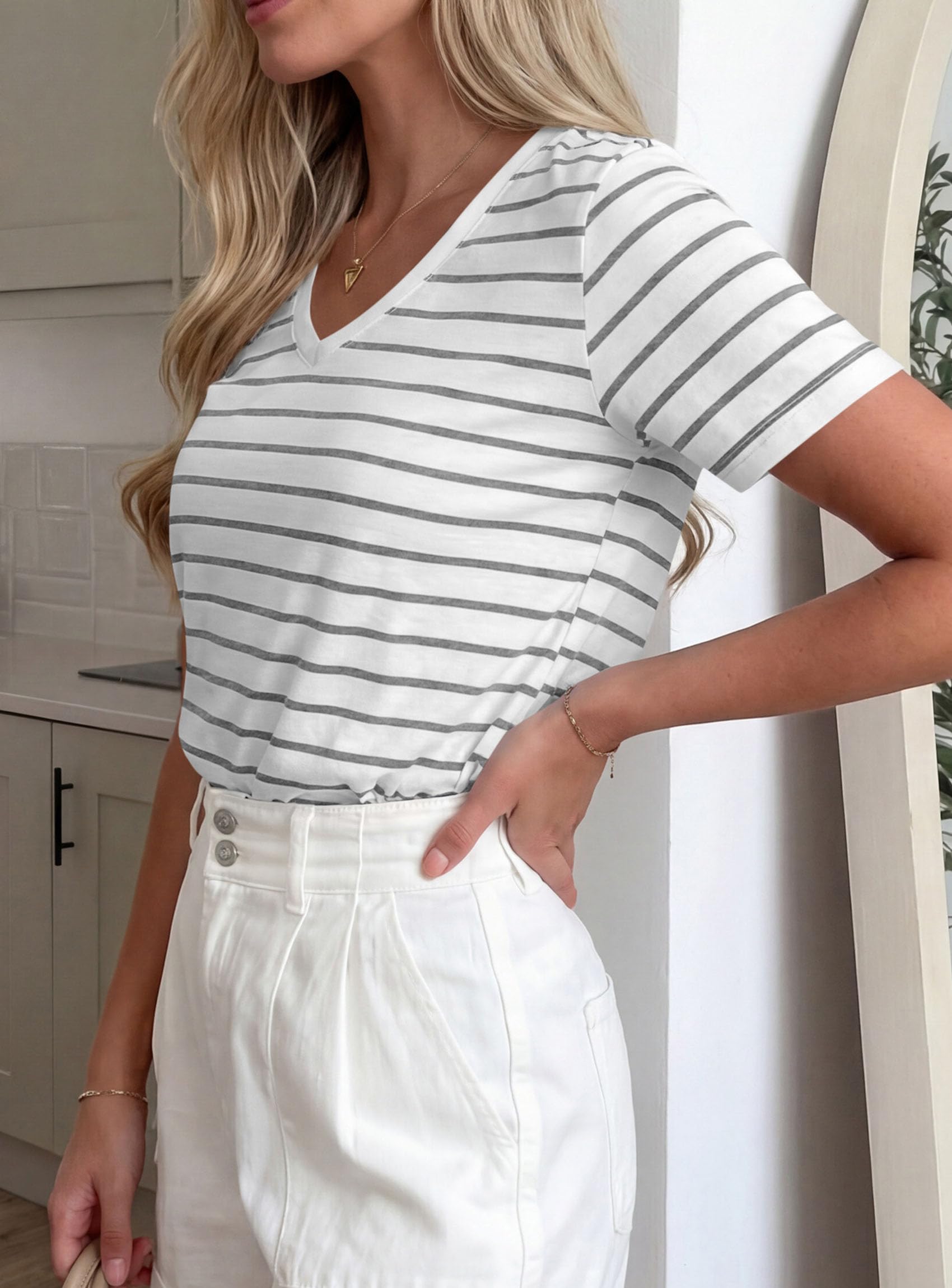 PRETTYGARDEN Short Sleeve Shirts for Women Spring V Neck Cute Tops Casual Striped Shirt Knitted Tees Summer Outfits
