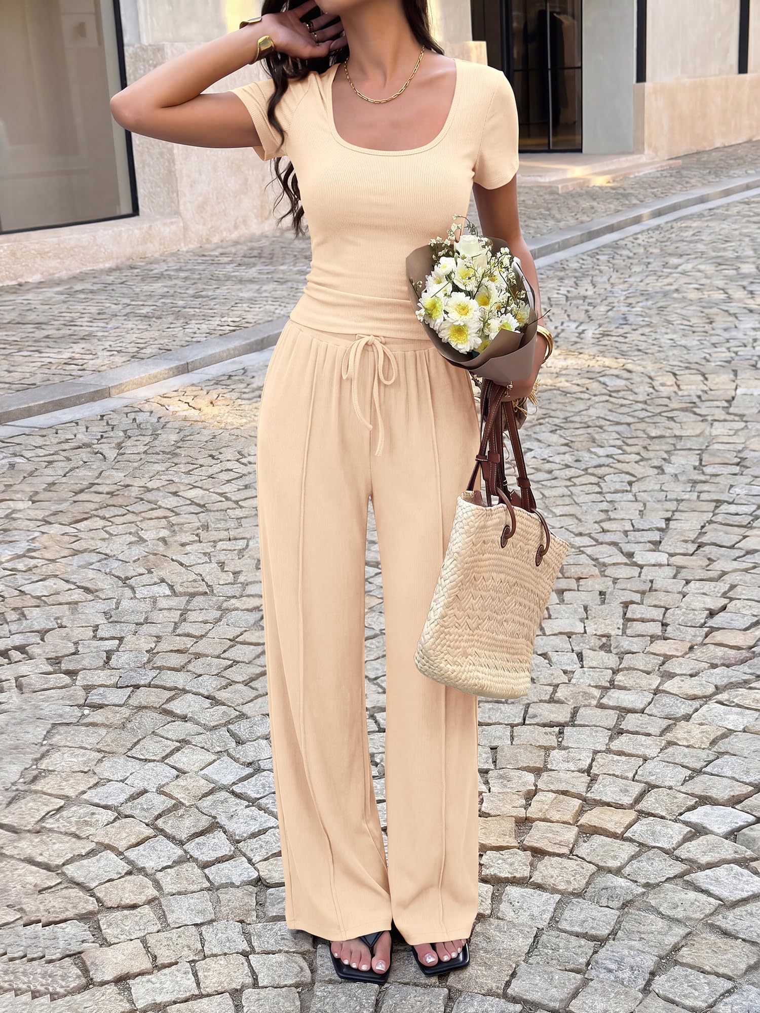 BTFBM Womens Summer 2 Piece Outfits Square Neck Short Sleeve Drawstring Pants Knit Spring Lounge Matching Sets