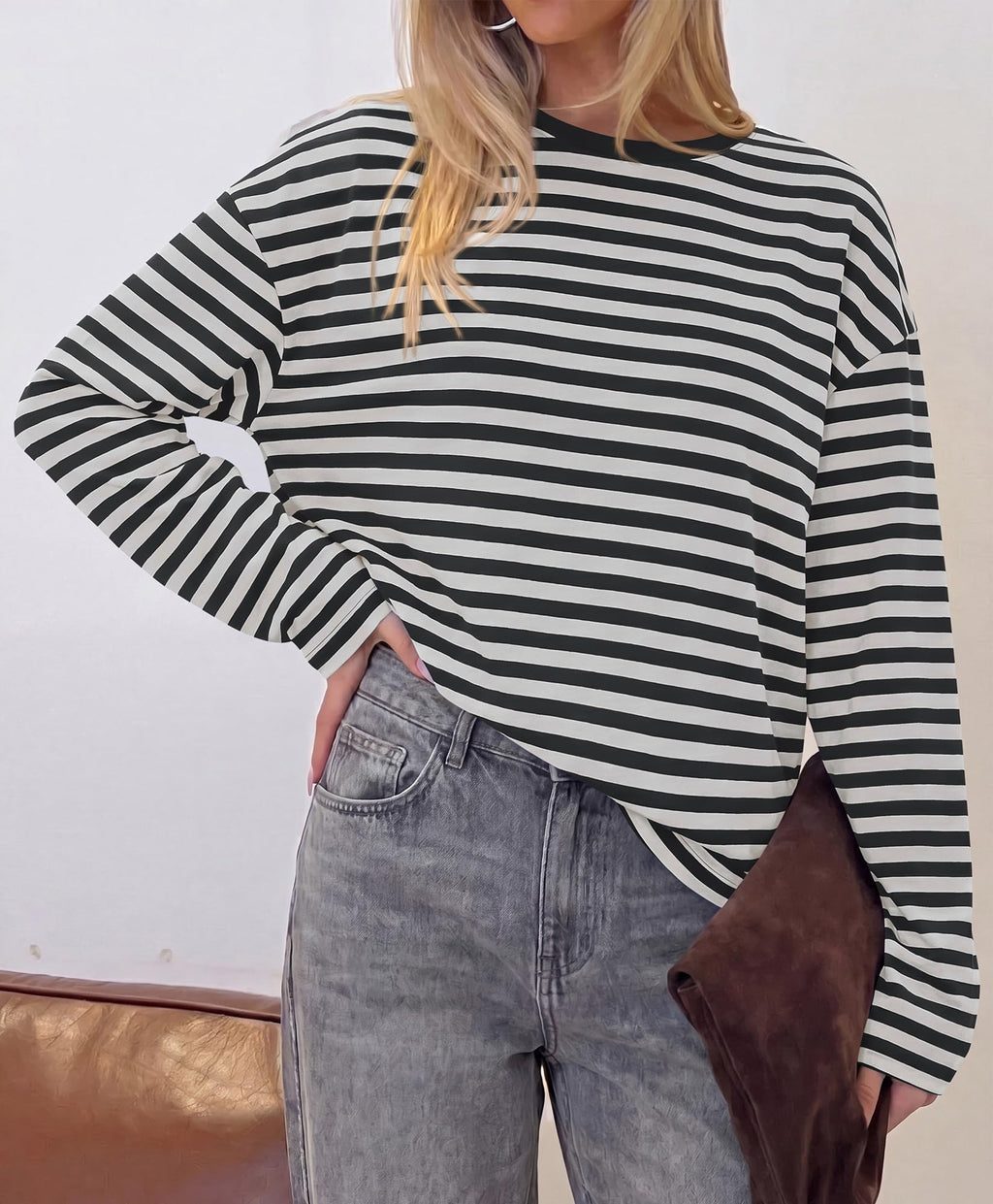 BTFBM Womens Long Sleeve Tops Fall Fashion | Lightweight, Crew Neck, Oversized Striped Shirt Women, Y2k Clothes, Vacation Travel Outfits, Going Out Top, Winter Layering