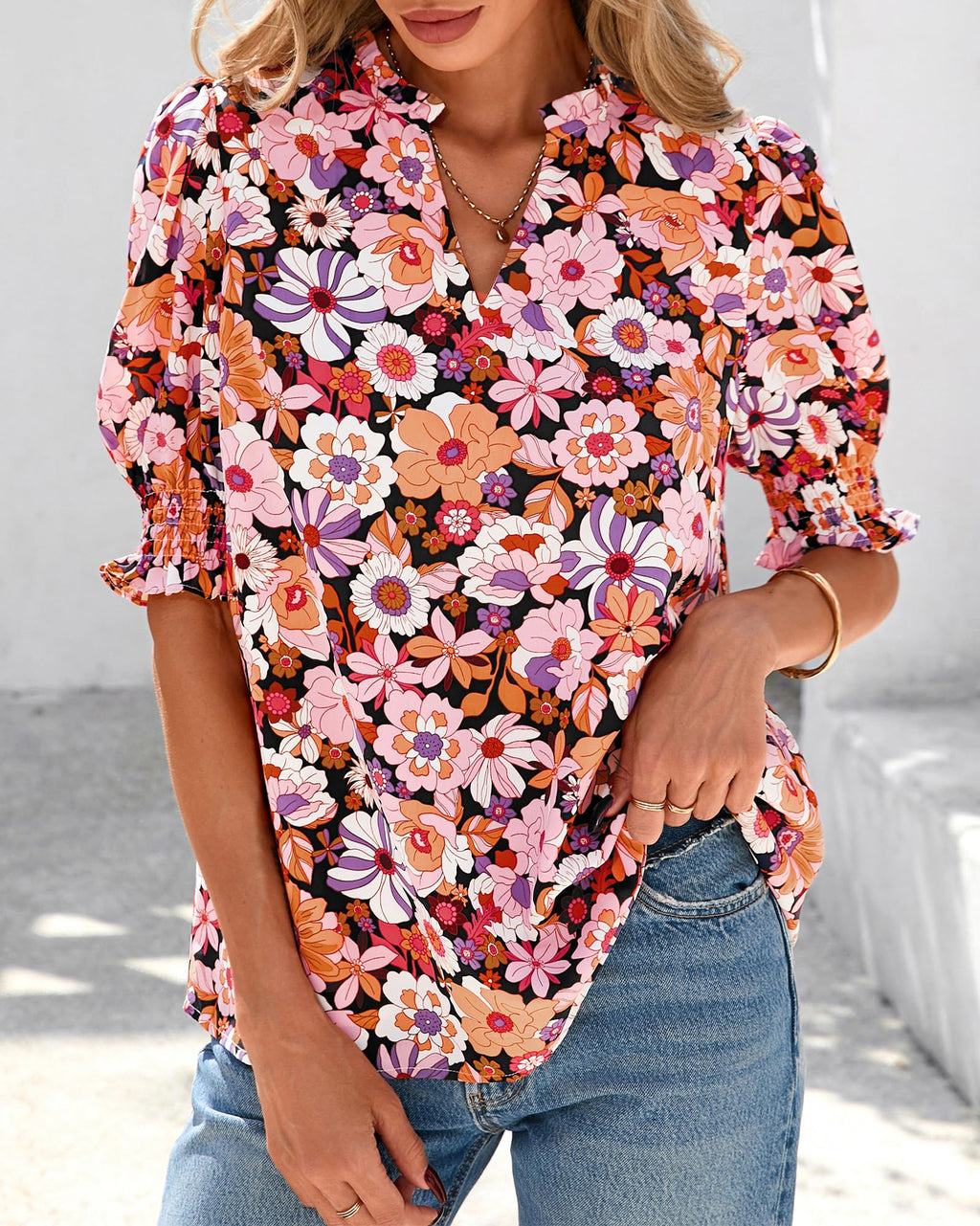 FreshPretty Summer Blouses for Women Dressy Casual  Fashion Spring Tops Floral Boho V Neck Puff Short Sleeve Top Shirts