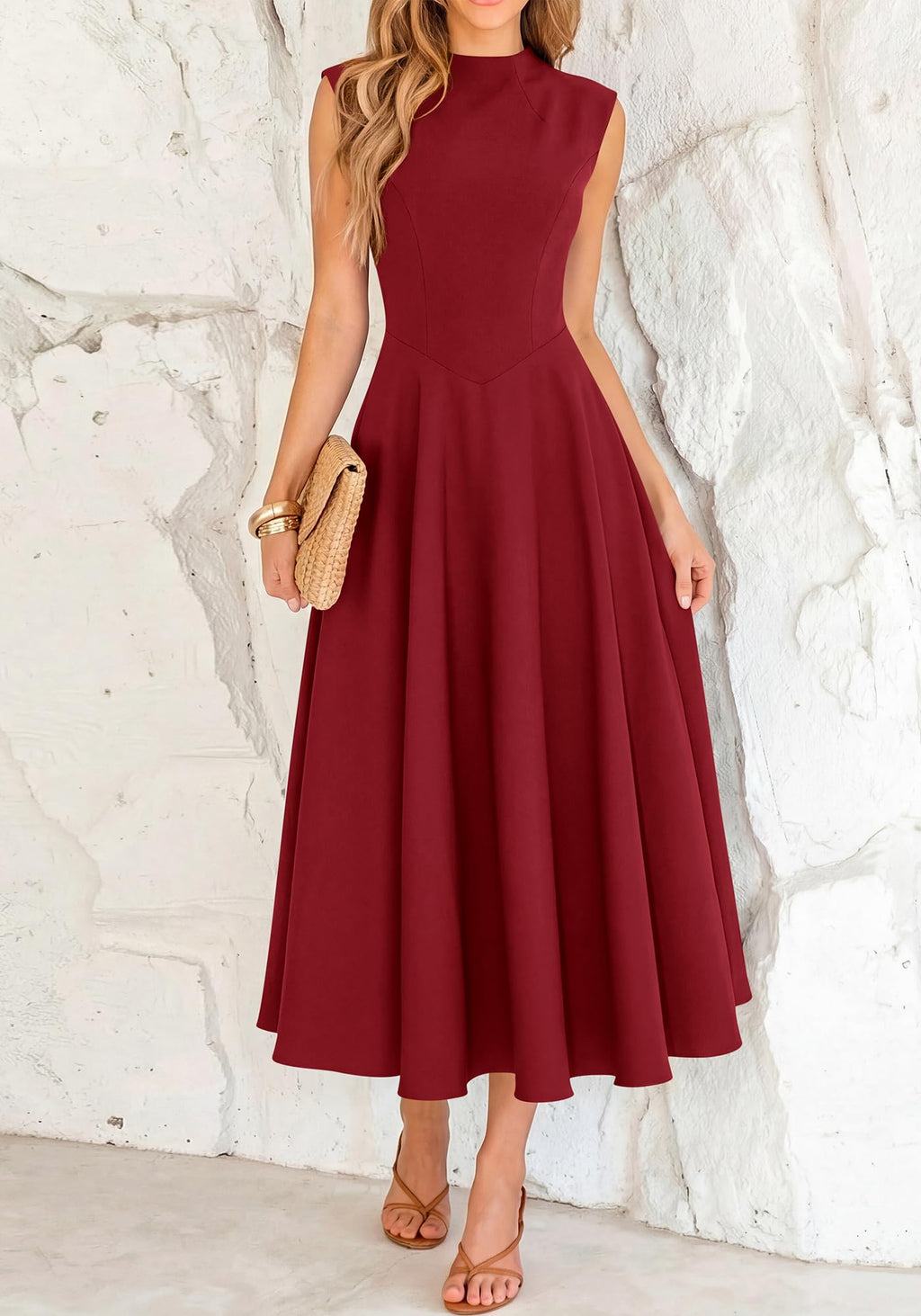 BTFBM Summer Dresses for Women Mock Neck Sleeveless High Waist Flowy Aline Maxi Spring Wedding Guest Dress Cocktail