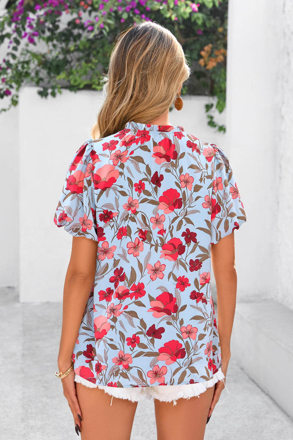 PRETTYGARDEN Boho Short Sleeve Floral Work Blouses for Women Dressy Casual V Neck Puff Sleeve Loose Chiffon Flowy Tops Shirts