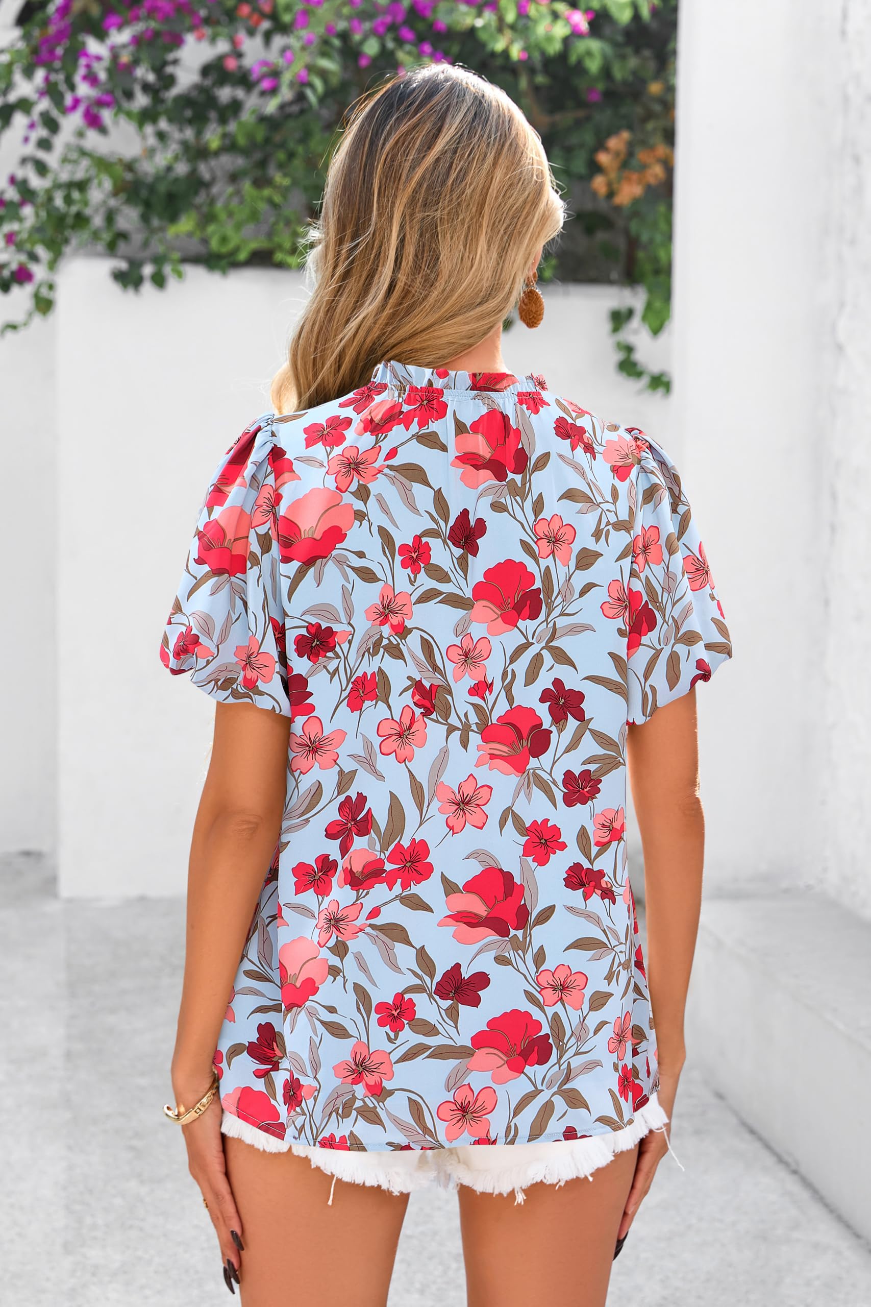 PRETTYGARDEN Boho Short Sleeve Floral Work Blouses for Women Dressy Casual V Neck Puff Sleeve Loose Chiffon Flowy Tops Shirts