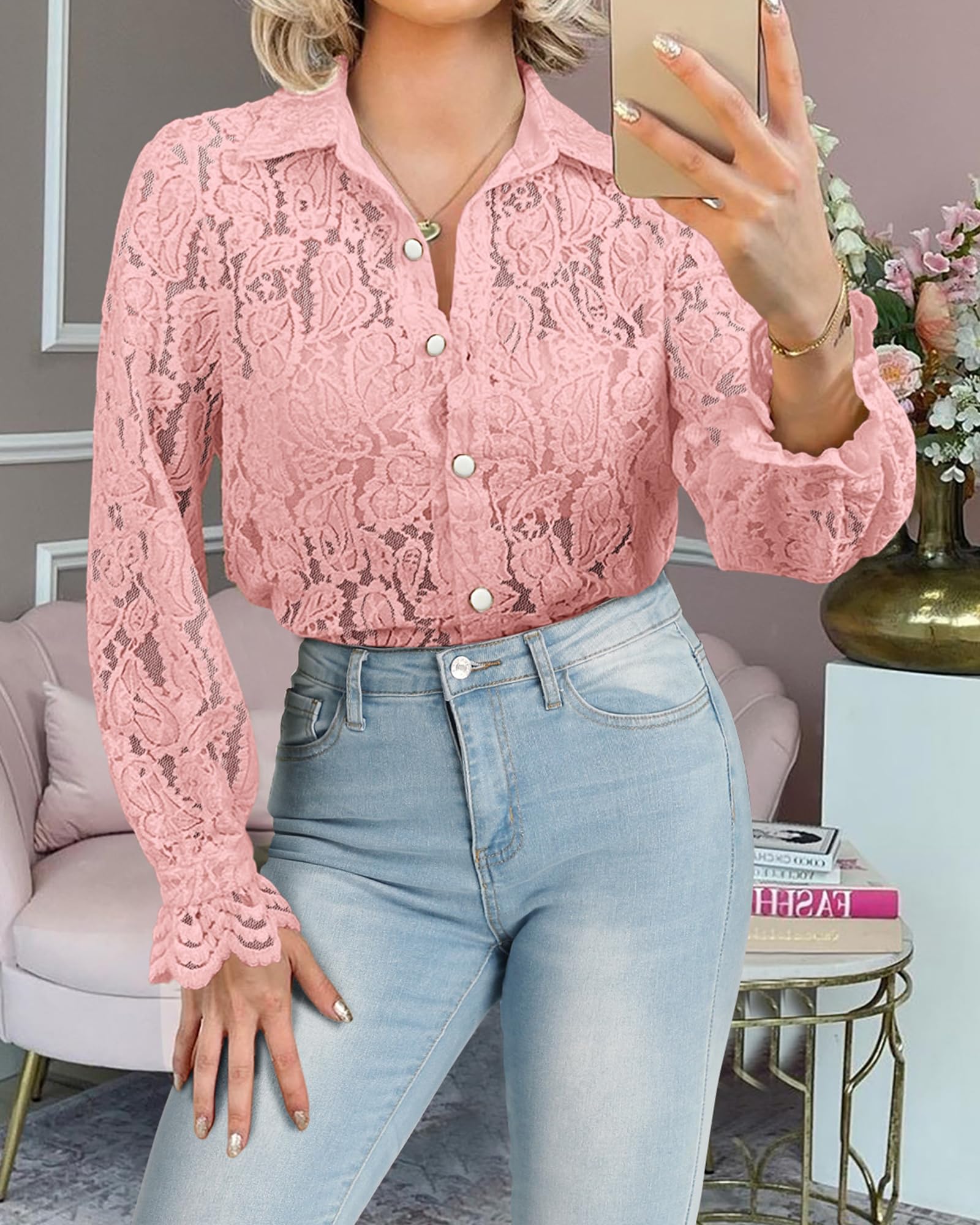 FreshPretty Long Sleeve Lace Blouses for Women Spring Dressy Casual Button Down Shirts Date Night Outfit Club Party Tops