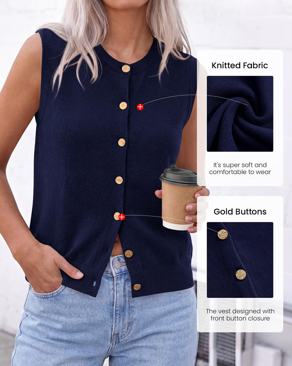 BTFBM Sweater Vest Women Casual Crewneck Loose Button Down Knit Sleeveless Cardigan Spring Clothes Summer Vest Tops