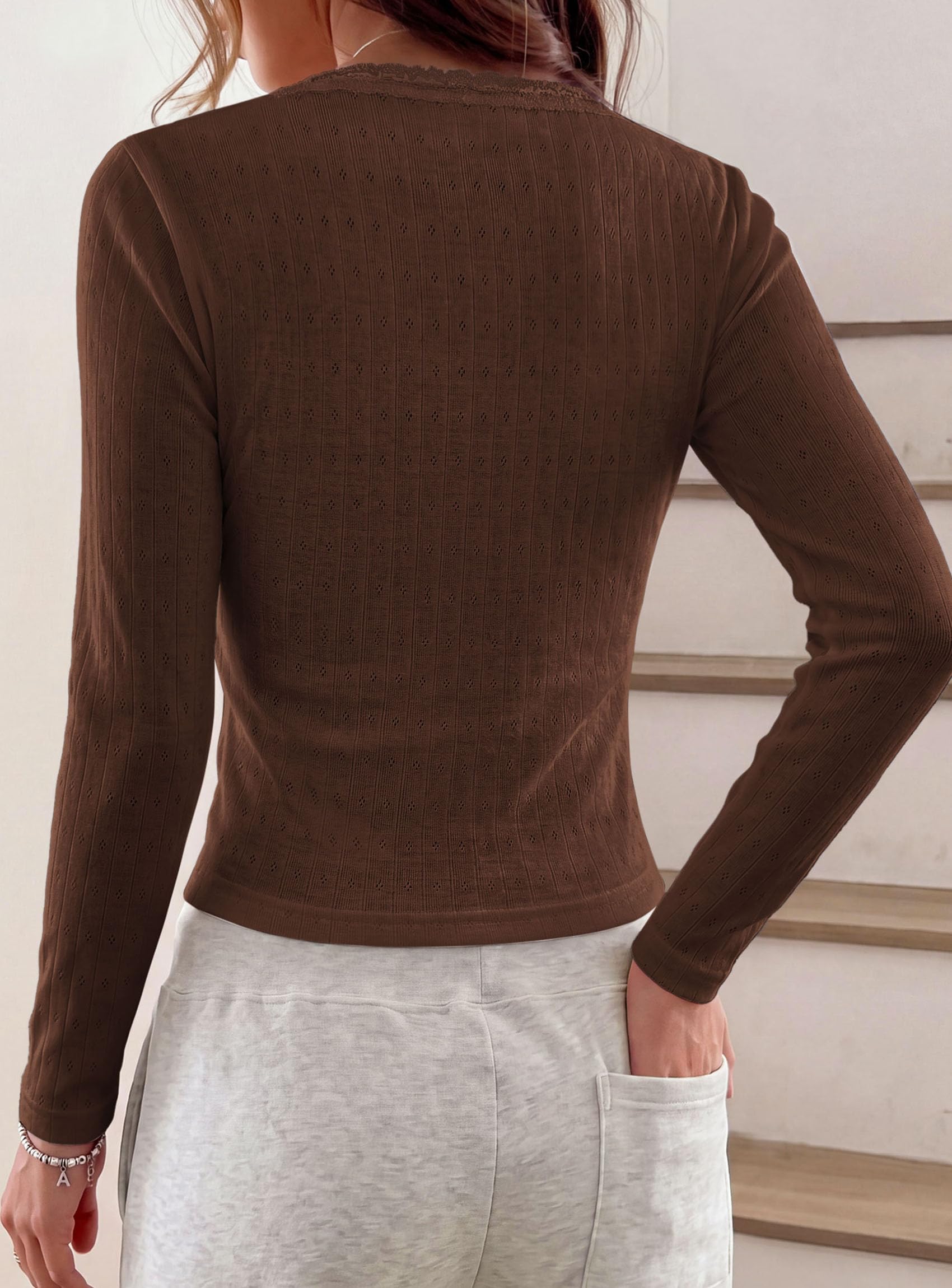 PRETTYGARDEN Womens Long Sleeve Henley Shirts Going Out Tops Lace Trim Square Neck, Slim Fitted Basic Tees, Soft Comfy Jacquard Fabric, Casual Wear, Fall Outfits, Y2K Fashion Clothing