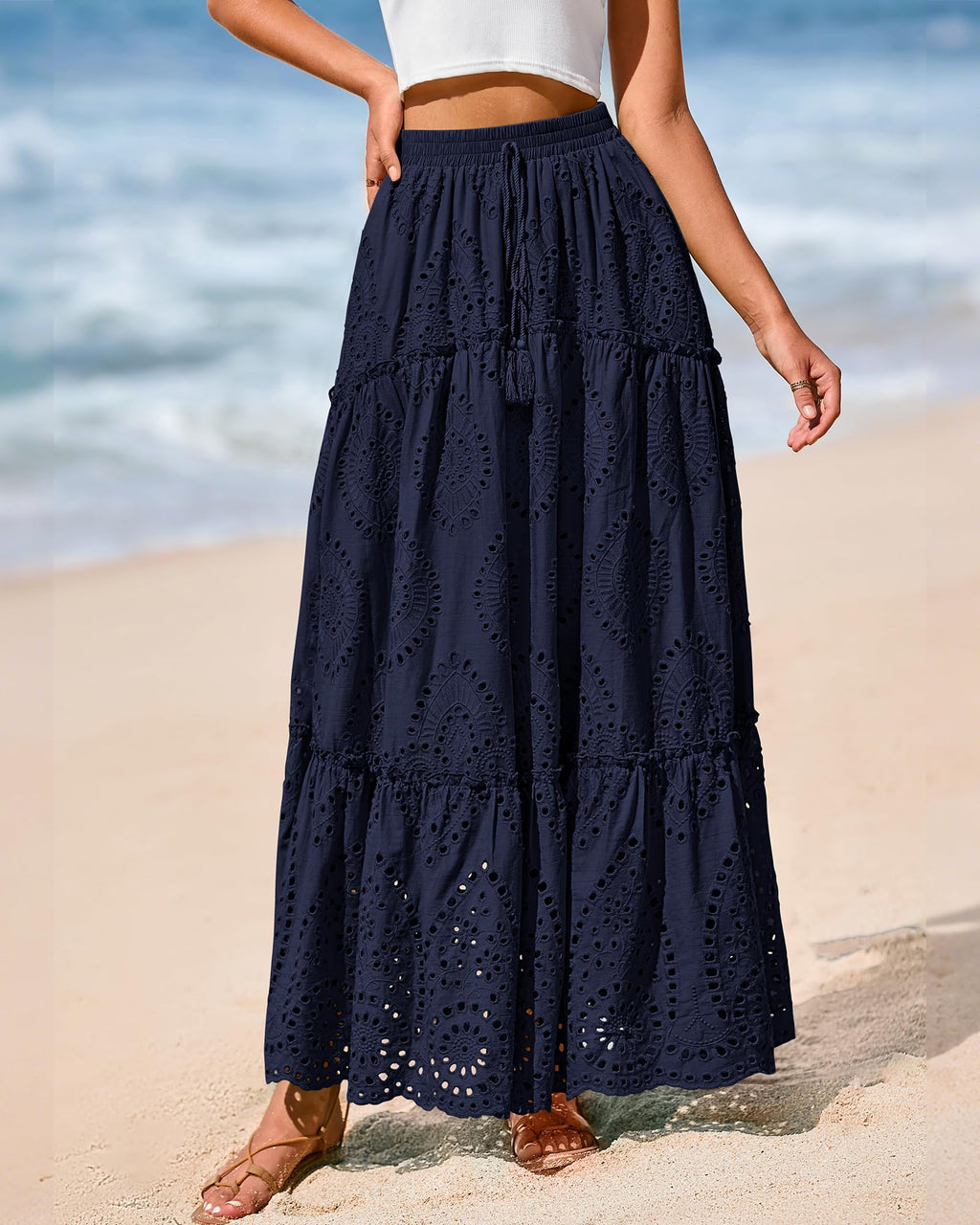 BTFBM Long Skirts for Women Summer Boho Lace Embroidery High Waist Flowy Tiered Spring Maxi Skirt Beach Vacation