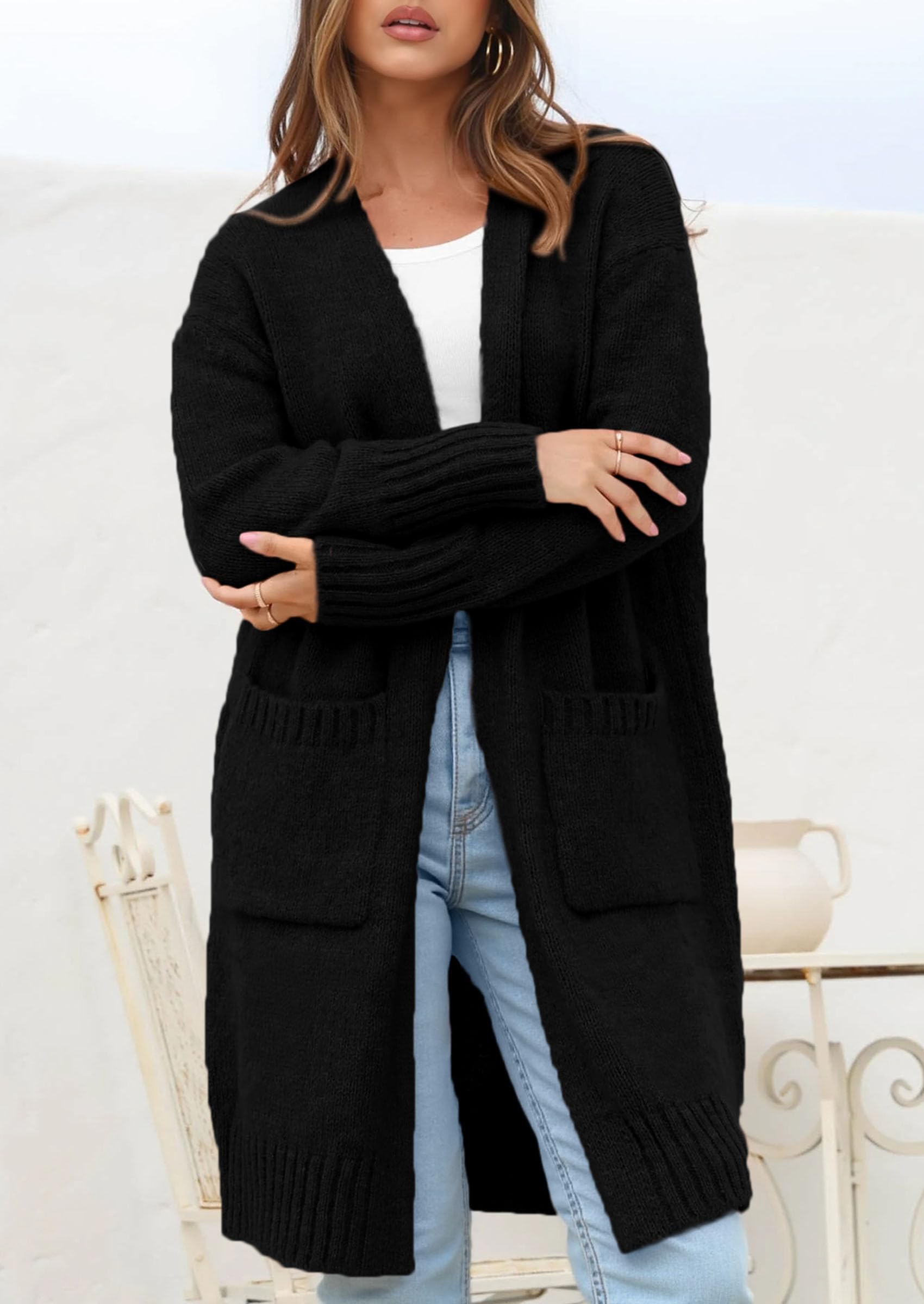 PRETTYGARDEN Fall Long Sleeve Cardigan Sweaters for Women Trendy Winter Open Front Loose Knitted Cardigans with Pockets