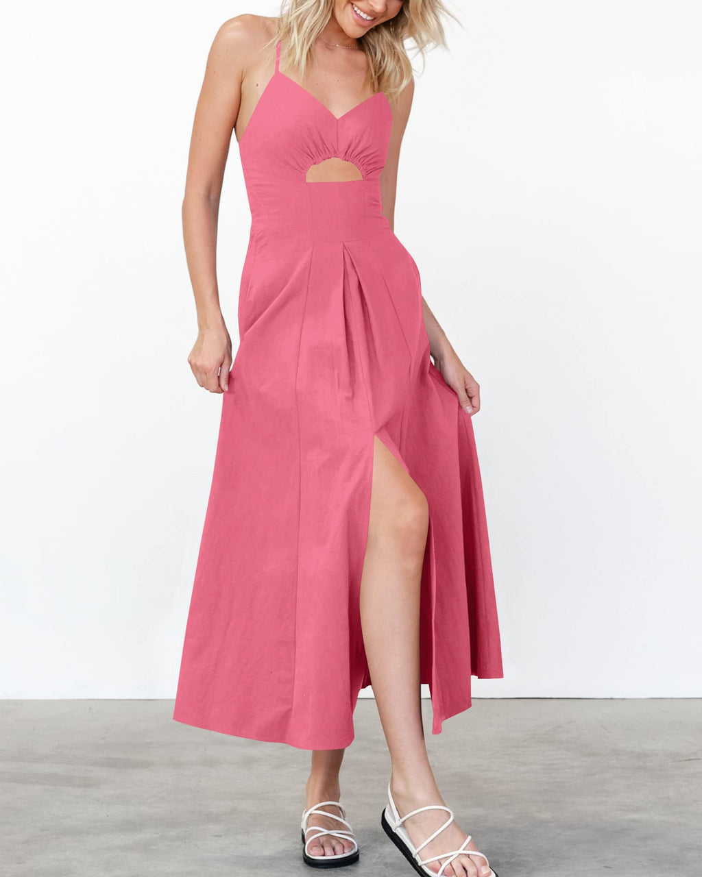 BTFBM Women Spaghetti Strap Midi Summer Dresses Sleeveless V Neck Cutout Slit Casual Beach Party Maxi Dress Pockets