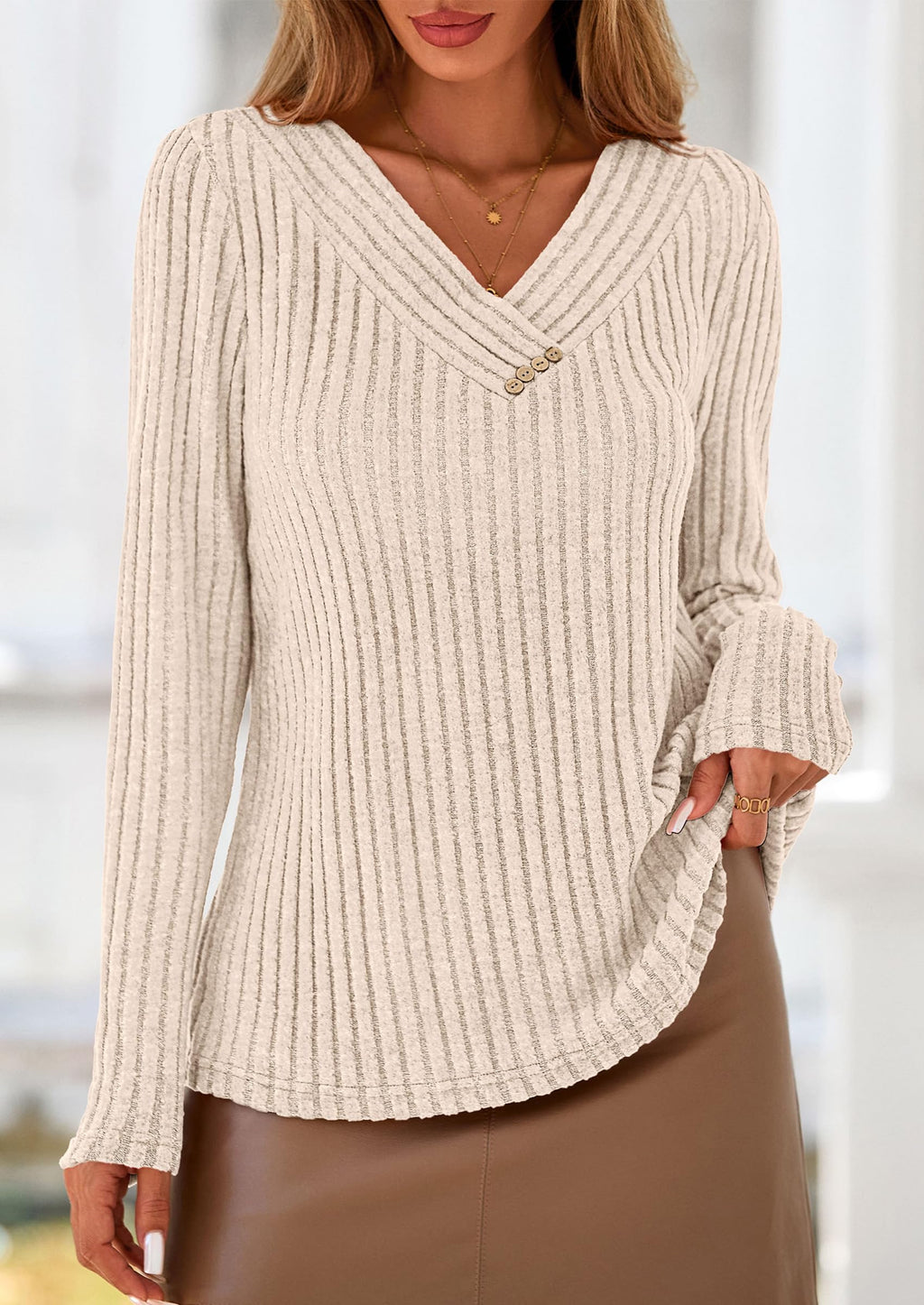 PRETTYGARDEN Women's Long Sleeve Shirts Fall Fashion Clothes Casual Ribbed V Neck Loose Tunic Tops Lightweight Sweaters