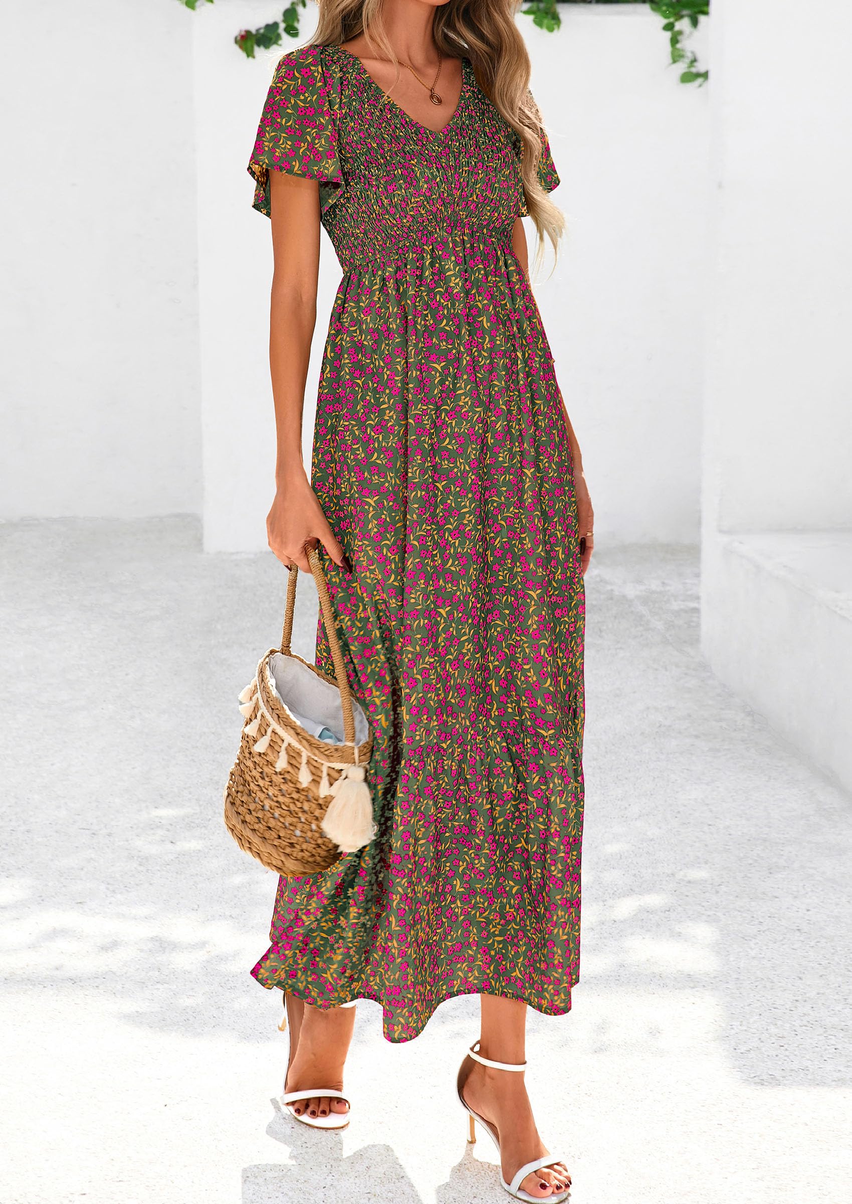 PRETTYGARDEN Boho Dresses for Women Summer Floral Short Sleeve V Neck Smocked Flowy Beach Vacation Maxi Dress
