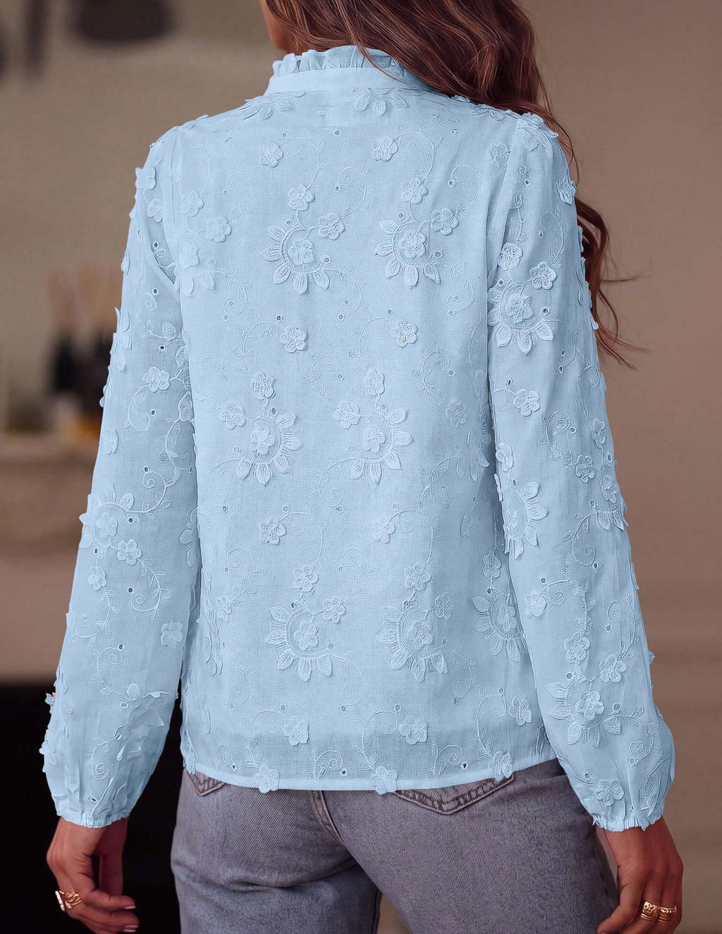 PRETTYGARDEN Women's Floral Embroidered Button Down Shirts | Ladies Dressy Fall Blouses, Long Sleeves, Ruffle Neck, Elegant Boho Eyelet Tops for Work, Business & Spring Casual Outings