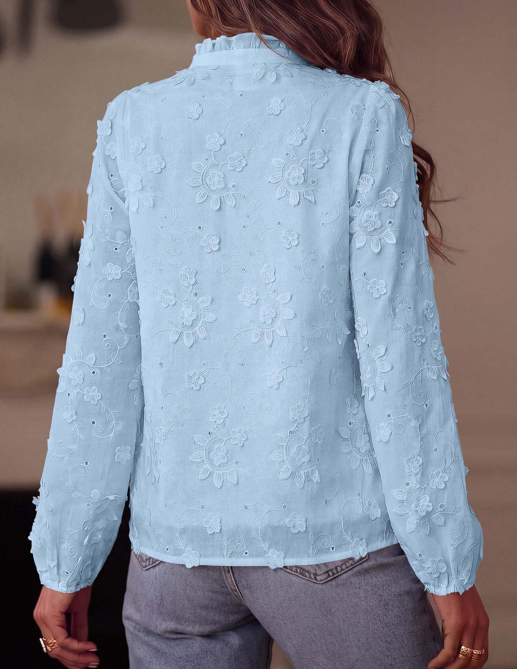 PRETTYGARDEN Women's Floral Embroidered Button Down Shirts | Ladies Dressy Fall Blouses, Long Sleeves, Ruffle Neck, Elegant Boho Eyelet Tops for Work, Business & Spring Casual Outings