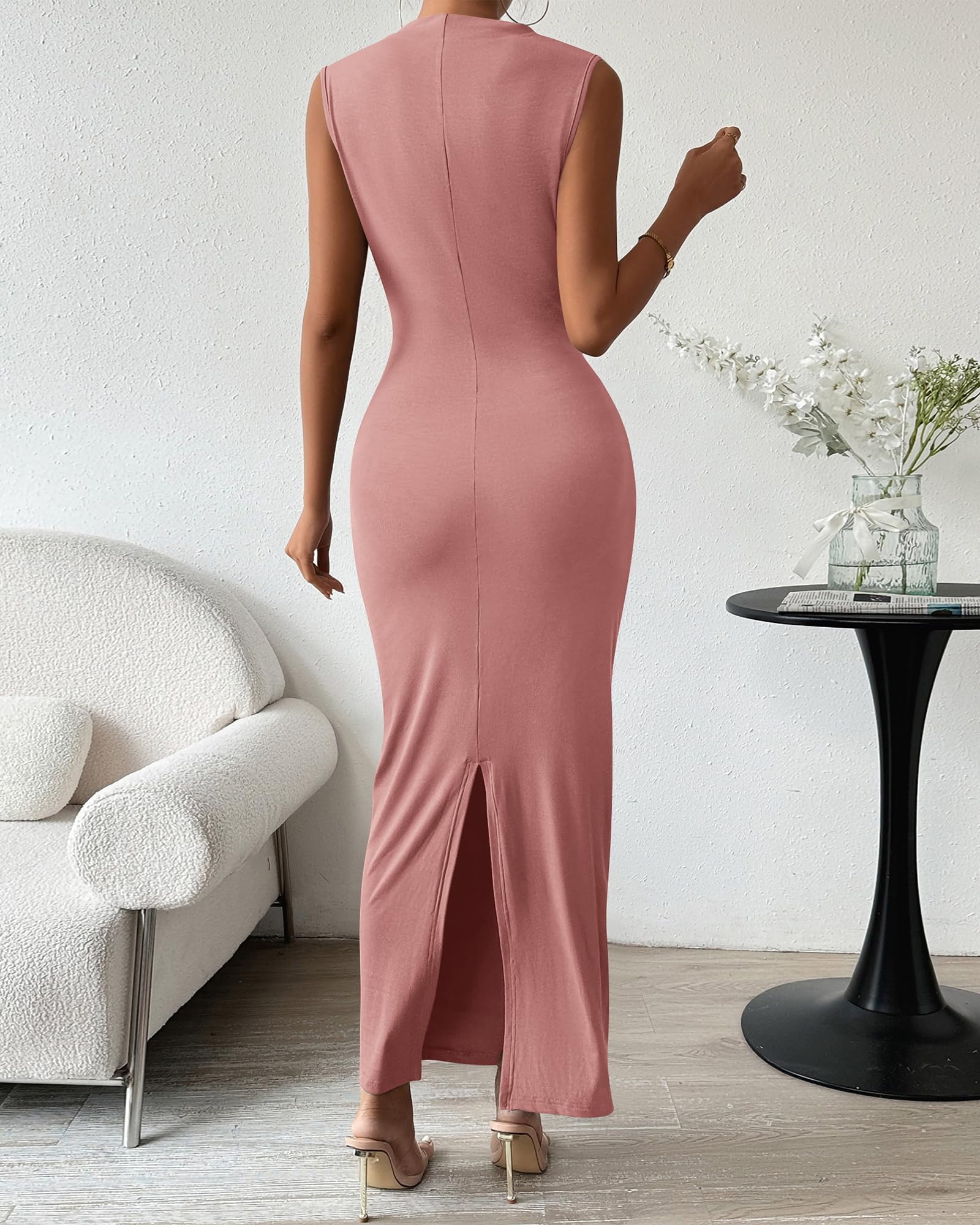 BTFBM Women's Ruched Bodycon Dress Summer Casual Sleeveless Lightweight Back Slit Elegant Club Party Cocktail Maxi Dresses