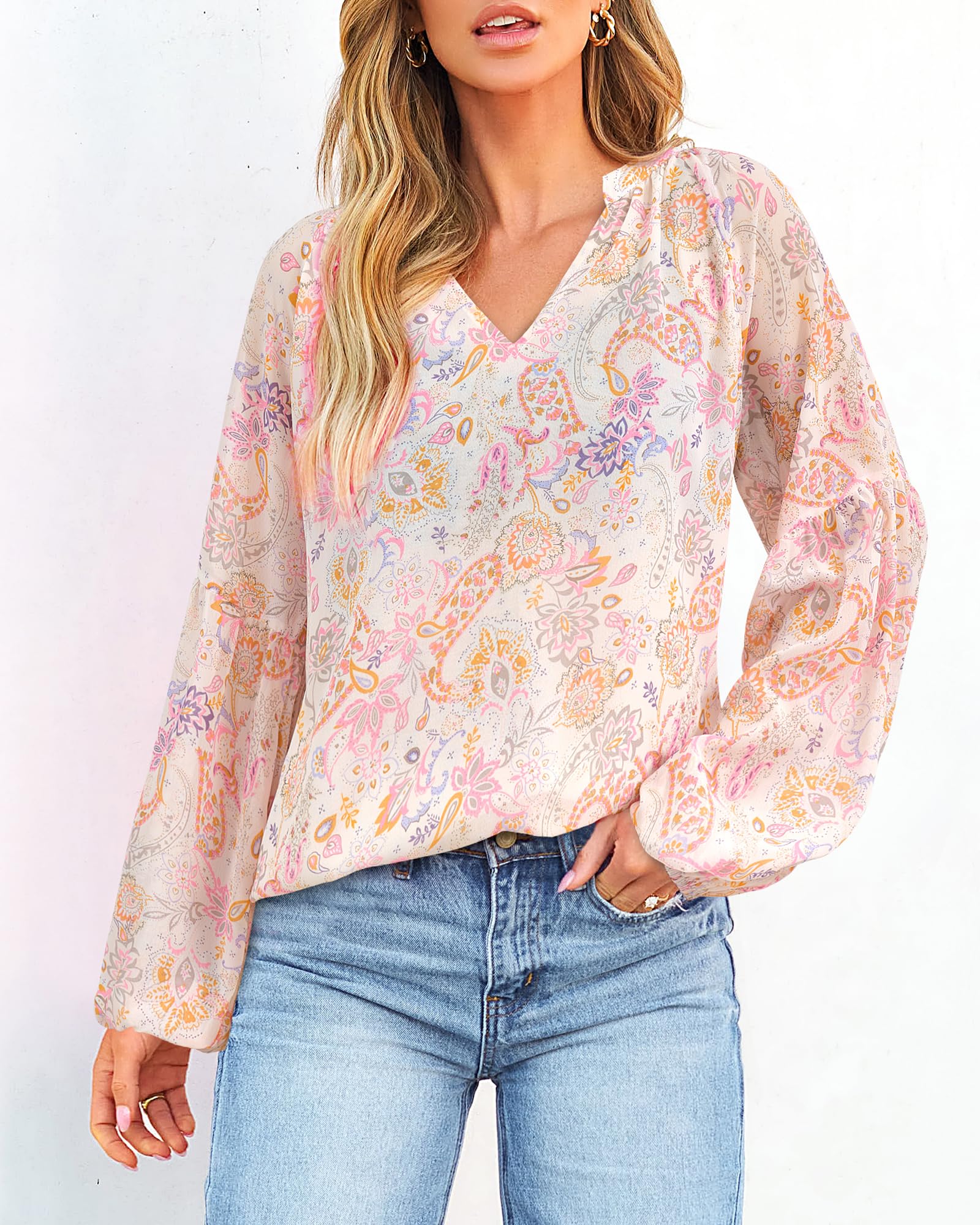 FreshPretty Blouses for Women Floral Boho Tops V Neck Lightweight Long Sleeve Shirts Fall Dressy Casual Vacation Outfits