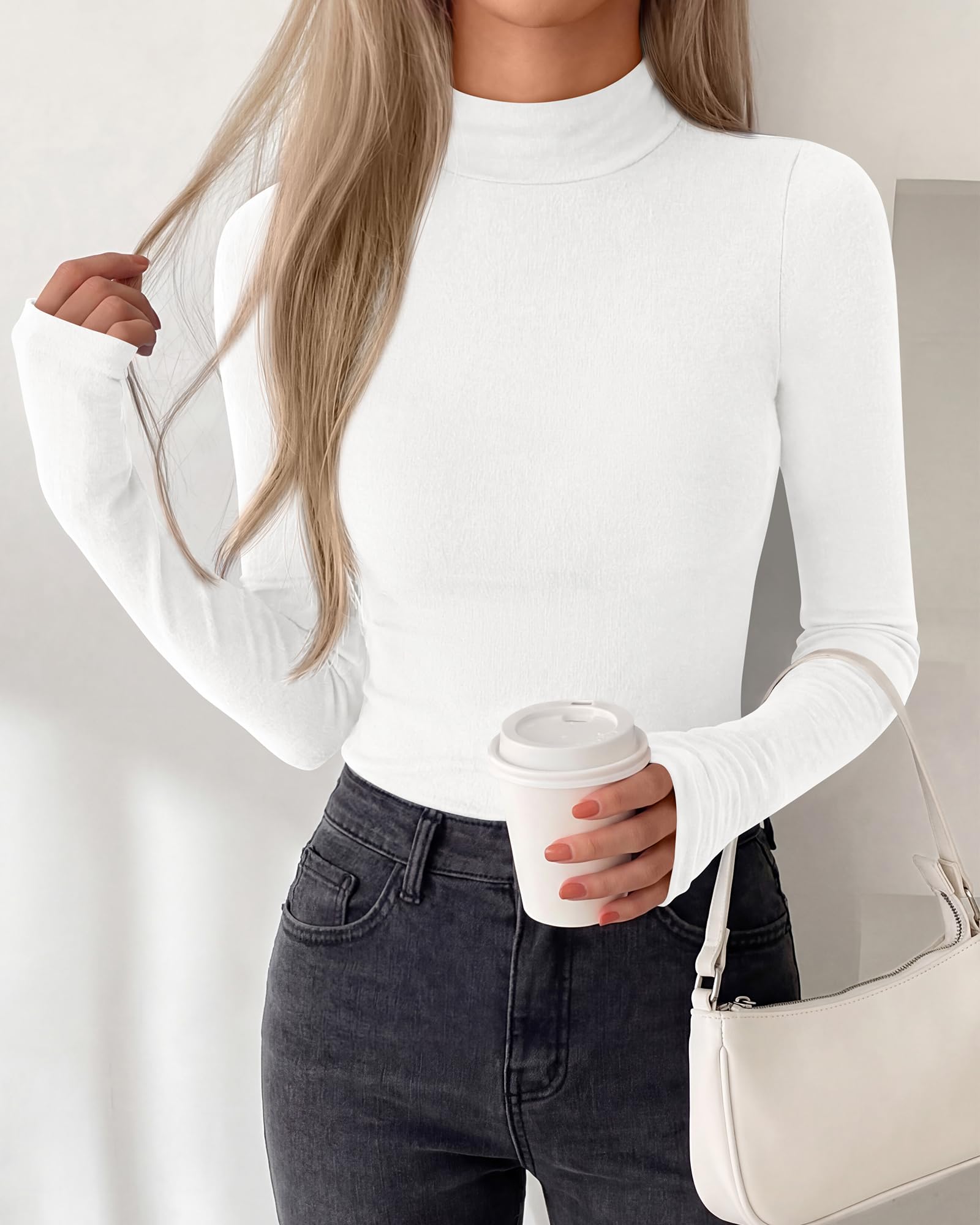 BTFBM Turtleneck Tops for Women Thumbhole Long Sleeve Shirts | Lightweight Fleece Lining, Casual Basic Layering Top, Slim Fit Stretch Winter Thermal Underwear, Fall Fashion Clothing