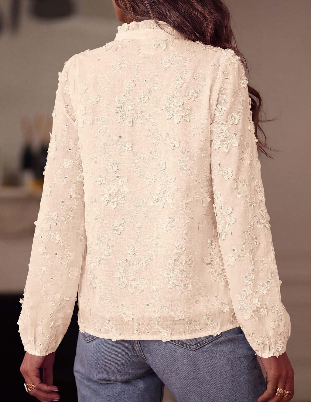 PRETTYGARDEN Women's Floral Embroidered Button Down Shirts | Ladies Dressy Fall Blouses, Long Sleeves, Ruffle Neck, Elegant Boho Eyelet Tops for Work, Business & Spring Casual Outings
